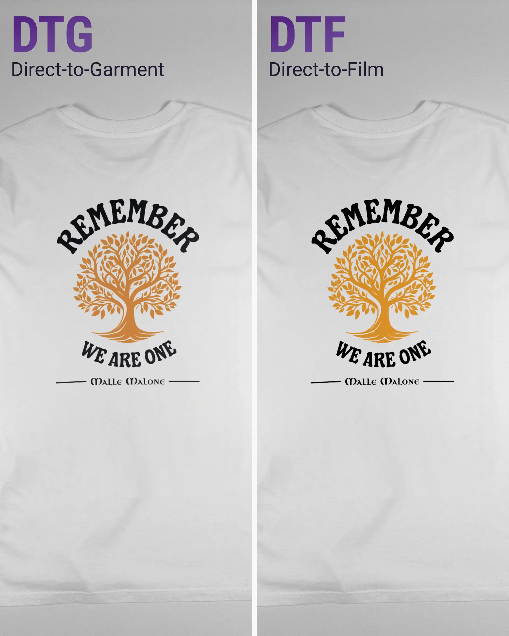 Vergleich der Rückseiten des Organic Unisex T-Shirt Casual von Maondo mit dem Design We are one in der Farbe White und in der Größe L links mit dem Direct-to-Garment und rechts mit dem Direct-to-Film Verfahren