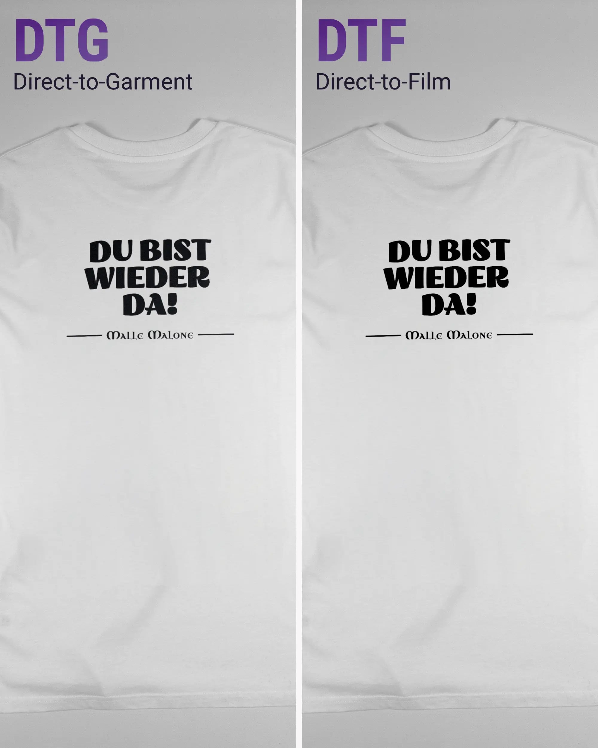 Vergleich der Rückseiten des Organic Unisex T-Shirt Casual von Maondo mit dem Design Wieder da in der Farbe White und in der Größe L links mit dem Direct-to-Garment und rechts mit dem Direct-to-Film Verfahren