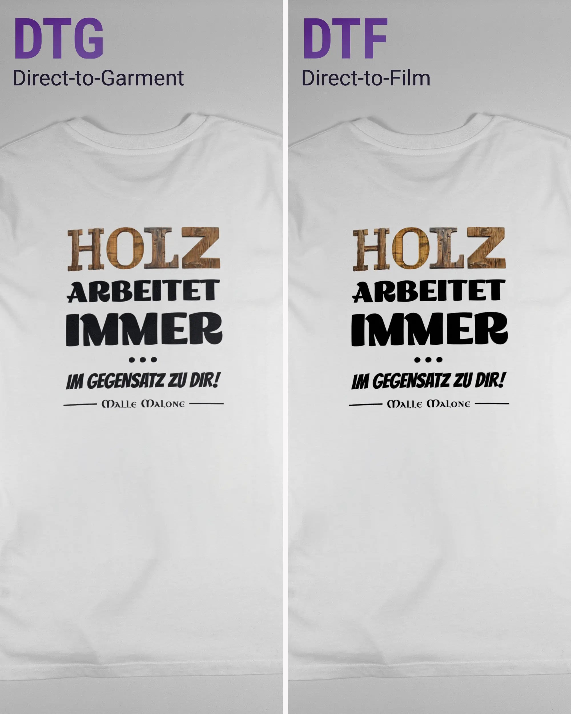 Vergleich der Rückseiten des Organic Unisex T-Shirt Casual von Maondo mit dem Design Holzarbeit in der Farbe White und in der Größe L links mit dem Direct-to-Garment und rechts mit dem Direct-to-Film Verfahren