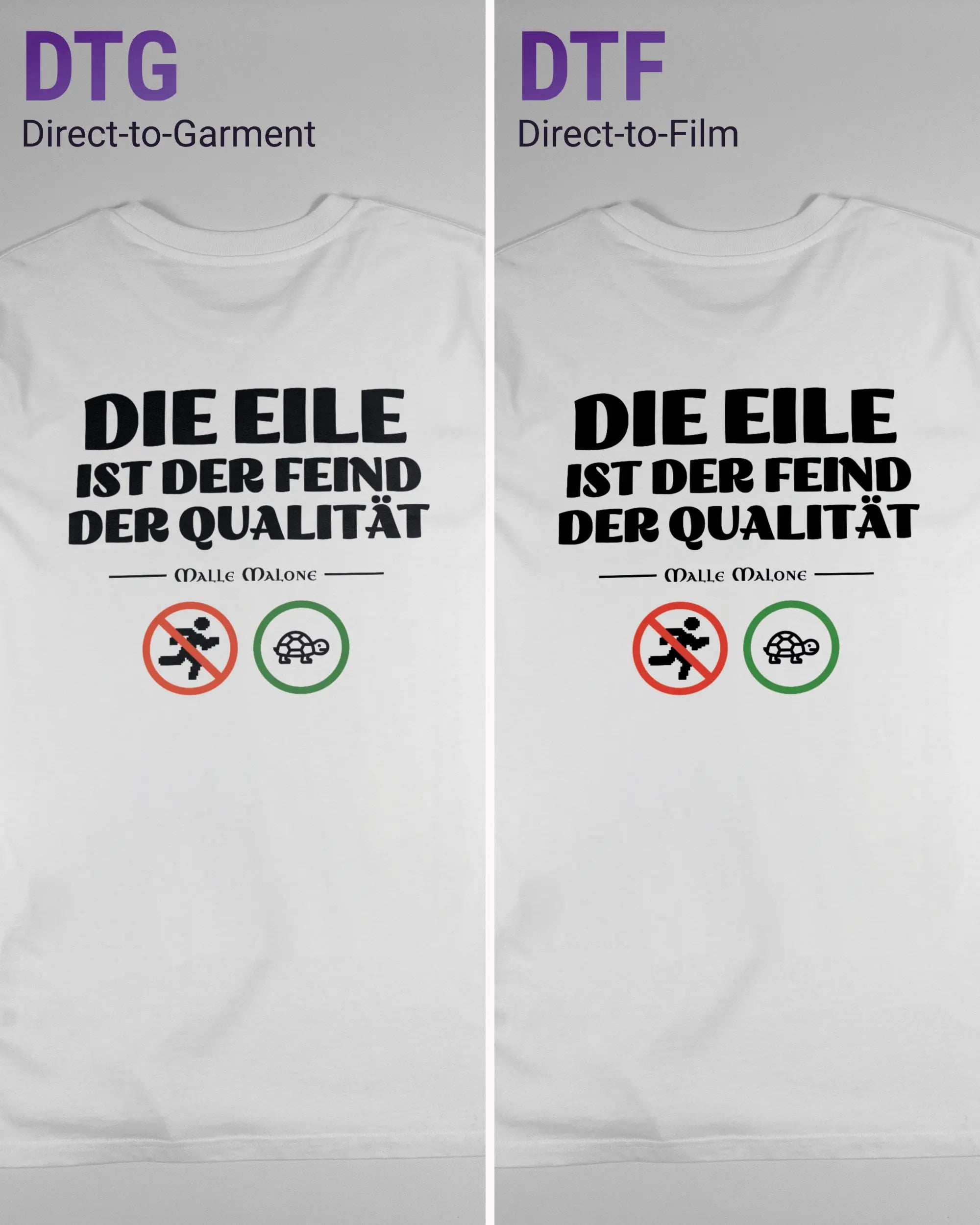 Vergleich der Rückseiten des Organic Unisex T-Shirt Casual von Maondo mit dem Design Keine Eile in der Farbe White und in der Größe L links mit dem Direct-to-Garment und rechts mit dem Direct-to-Film Verfahren