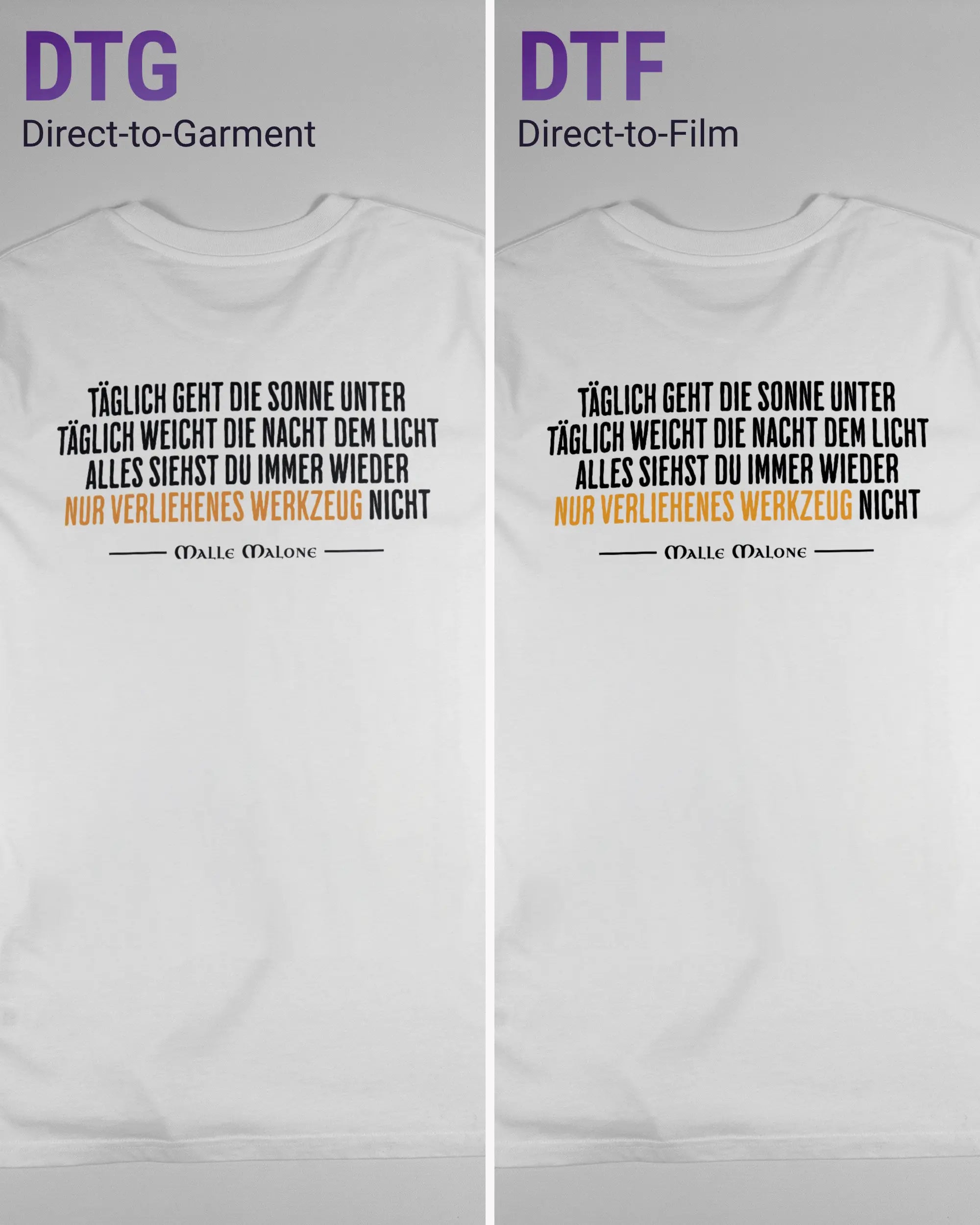 Vergleich der Rückseiten des Organic Unisex T-Shirt Casual von Maondo mit dem Design Wegzeug in der Farbe White und in der Größe L links mit dem Direct-to-Garment und rechts mit dem Direct-to-Film Verfahren