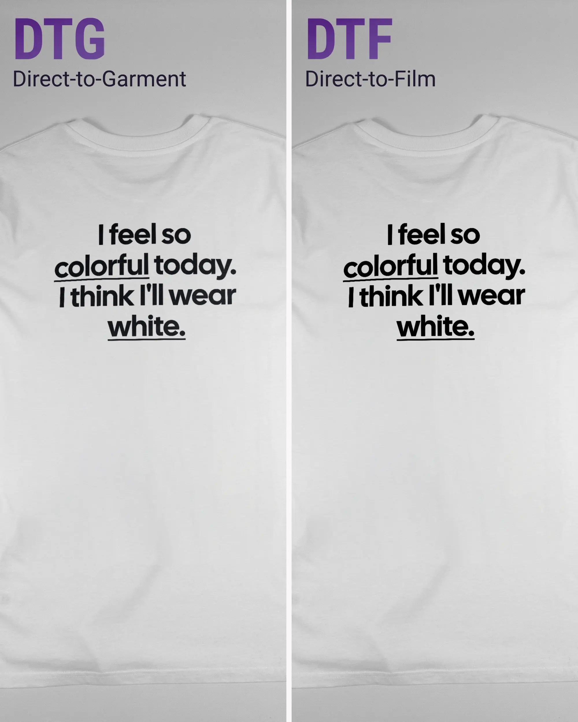 Vergleich der Rückseiten des Organic Unisex T-Shirt Casual von Maondo mit dem Design Colorful Day in der Farbe White und in der Größe L links mit dem Direct-to-Garment und rechts mit dem Direct-to-Film Verfahren