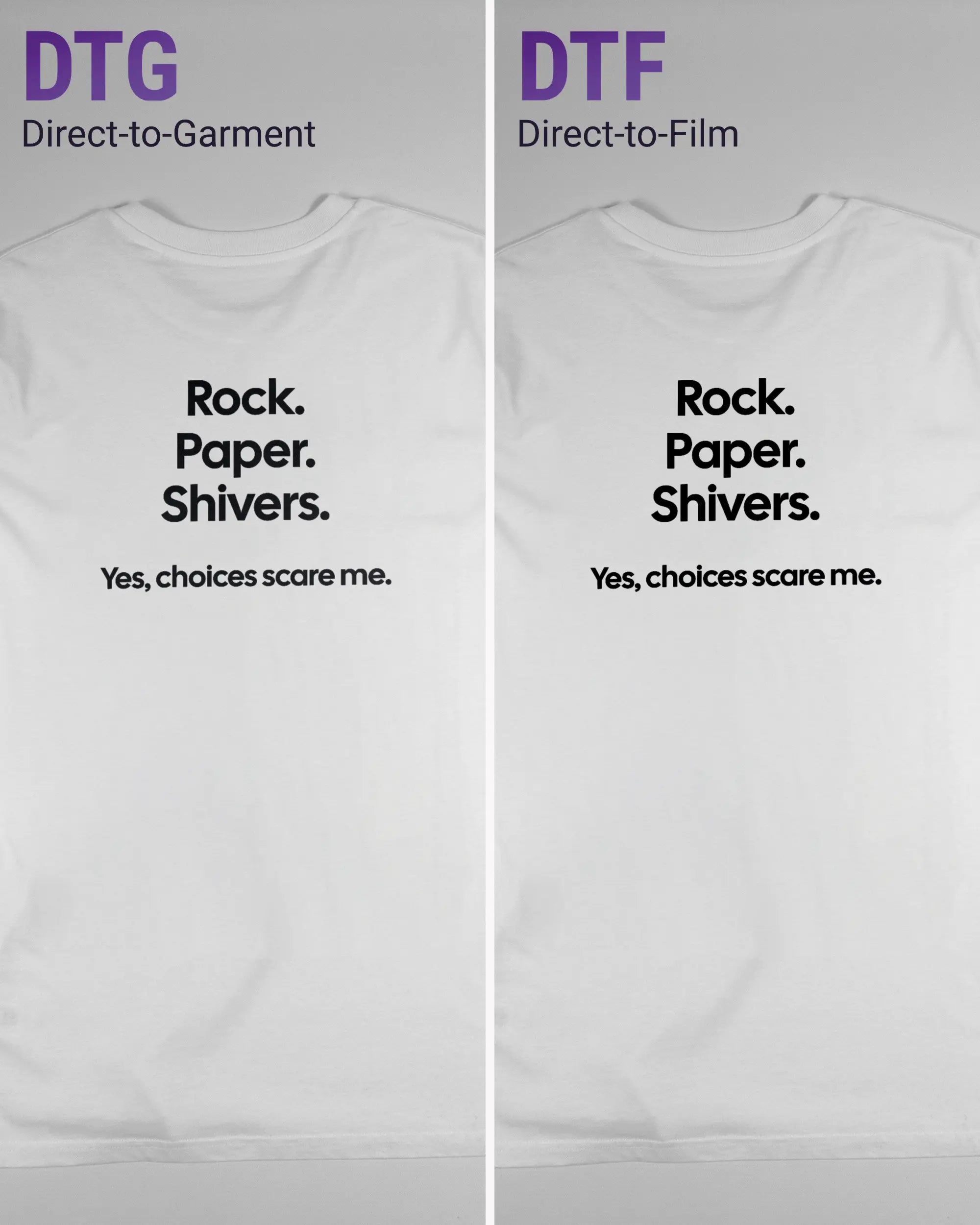 Vergleich der Rückseiten des Organic Unisex T-Shirt Casual von Maondo mit dem Design Rock Paper Shivers in der Farbe White und in der Größe L links mit dem Direct-to-Garment und rechts mit dem Direct-to-Film Verfahren