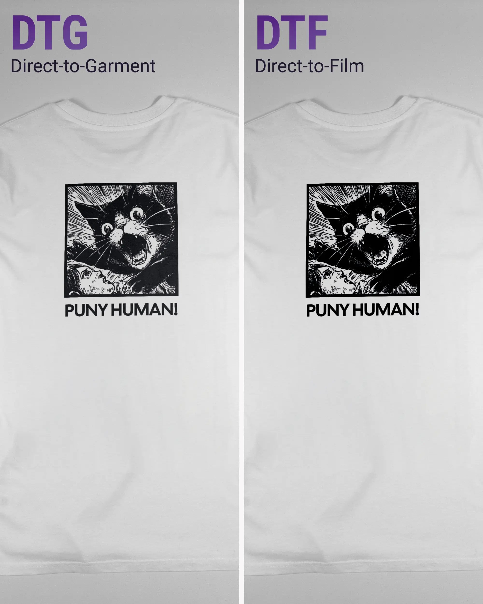 Vergleich der Rückseiten des Organic Unisex T-Shirt Casual von Maondo mit dem Design Puny Human in der Farbe White und in der Größe L links mit dem Direct-to-Garment und rechts mit dem Direct-to-Film Verfahren