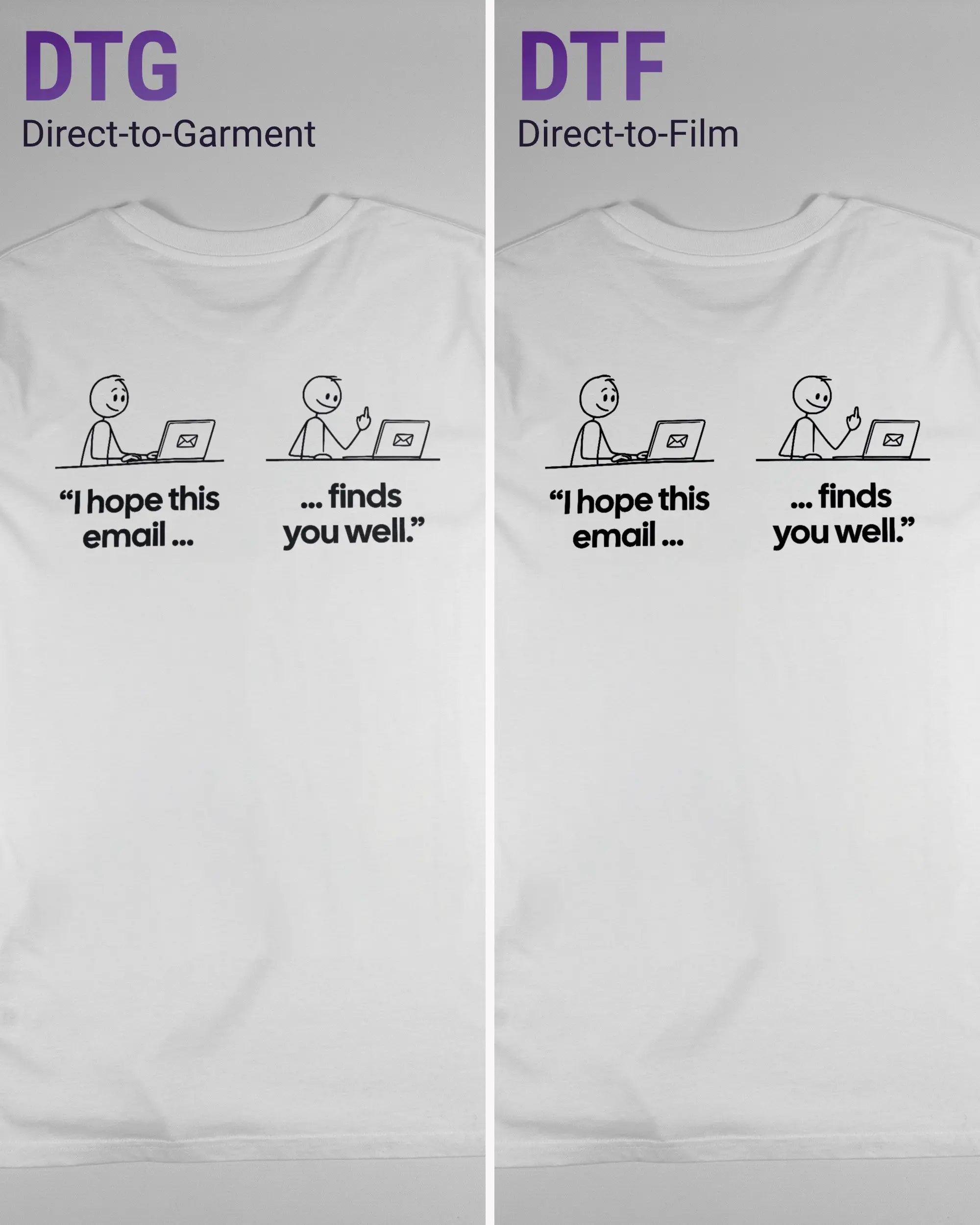 Vergleich der Rückseiten des Organic Unisex T-Shirt Casual von Maondo mit dem Design Found me not well in der Farbe White und in der Größe L links mit dem Direct-to-Garment und rechts mit dem Direct-to-Film Verfahren