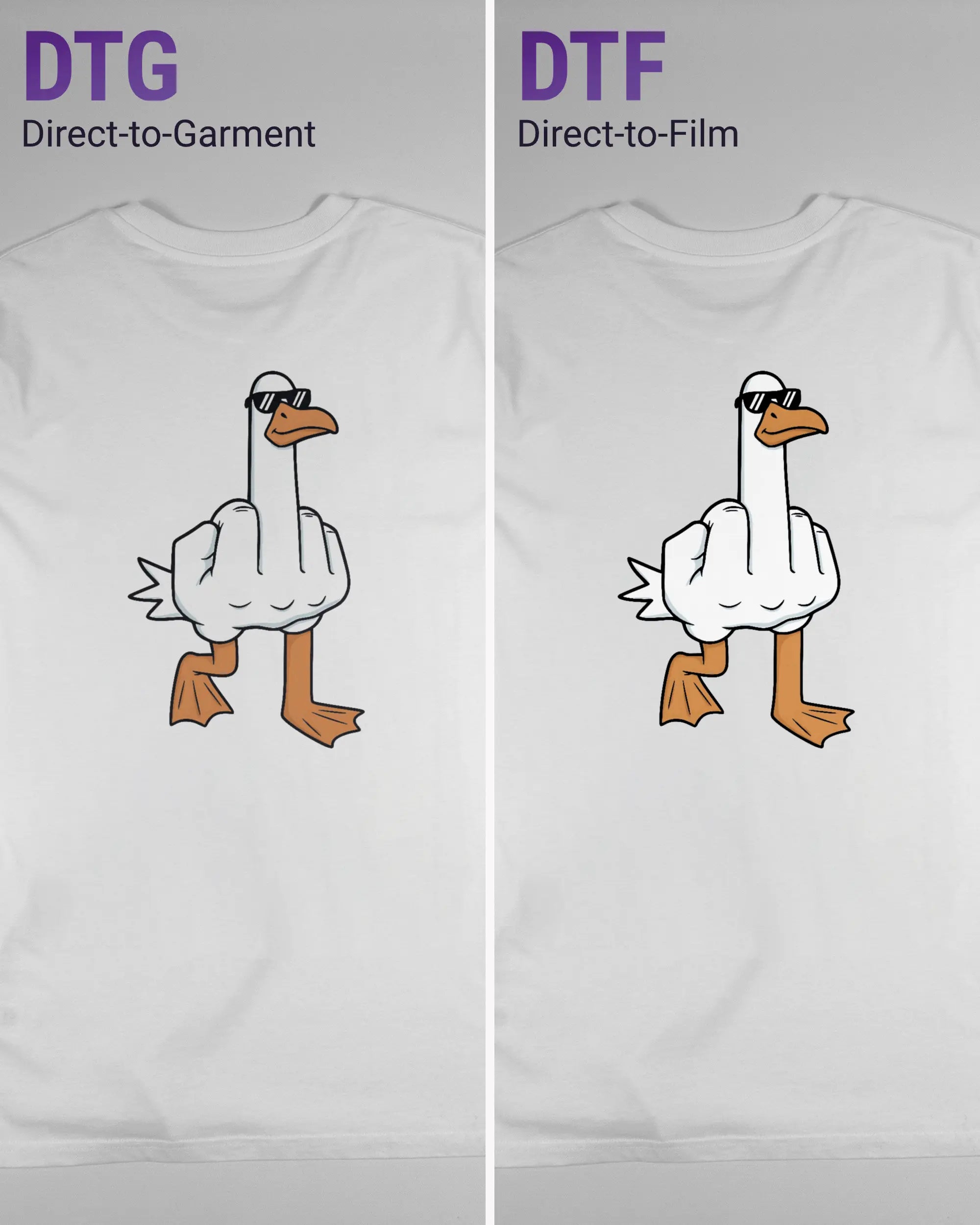 Vergleich der Rückseiten des Organic Unisex T-Shirt Casual von Maondo mit dem Design I give a duck in der Farbe White und in der Größe L links mit dem Direct-to-Garment und rechts mit dem Direct-to-Film Verfahren