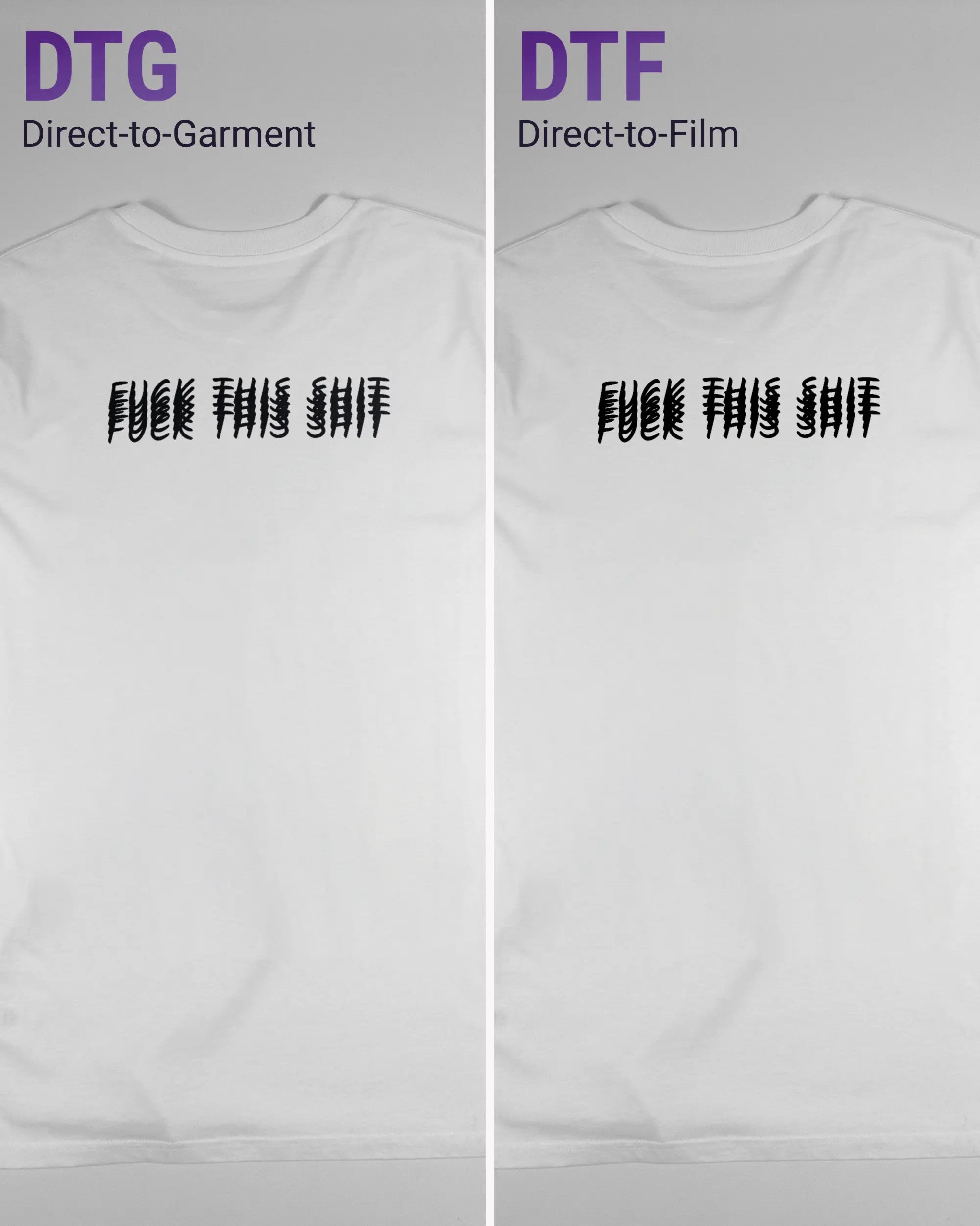 Vergleich der Rückseiten des Organic Unisex T-Shirt Casual von Maondo mit dem Design Hidden Message in der Farbe White und in der Größe L links mit dem Direct-to-Garment und rechts mit dem Direct-to-Film Verfahren