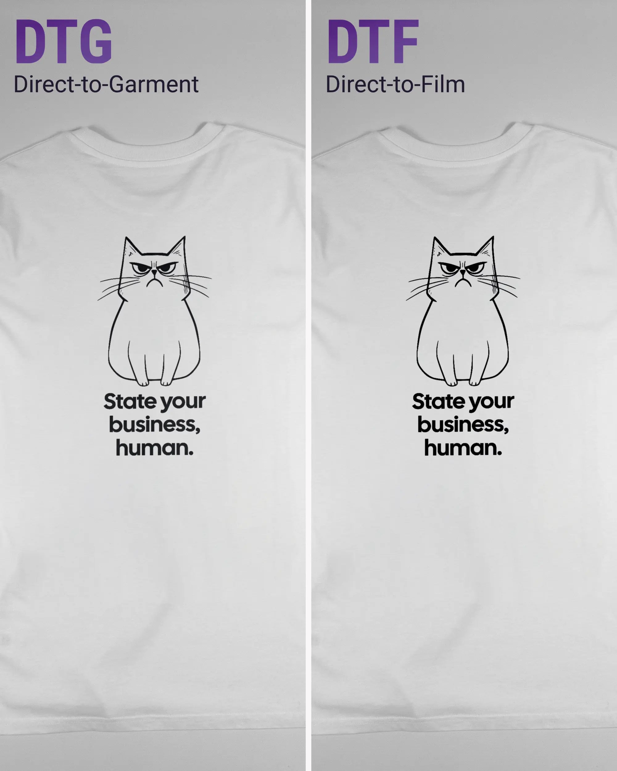 Vergleich der Rückseiten des Organic Unisex T-Shirt Casual von Maondo mit dem Design Grumpy Purr in der Farbe White und in der Größe L links mit dem Direct-to-Garment und rechts mit dem Direct-to-Film Verfahren