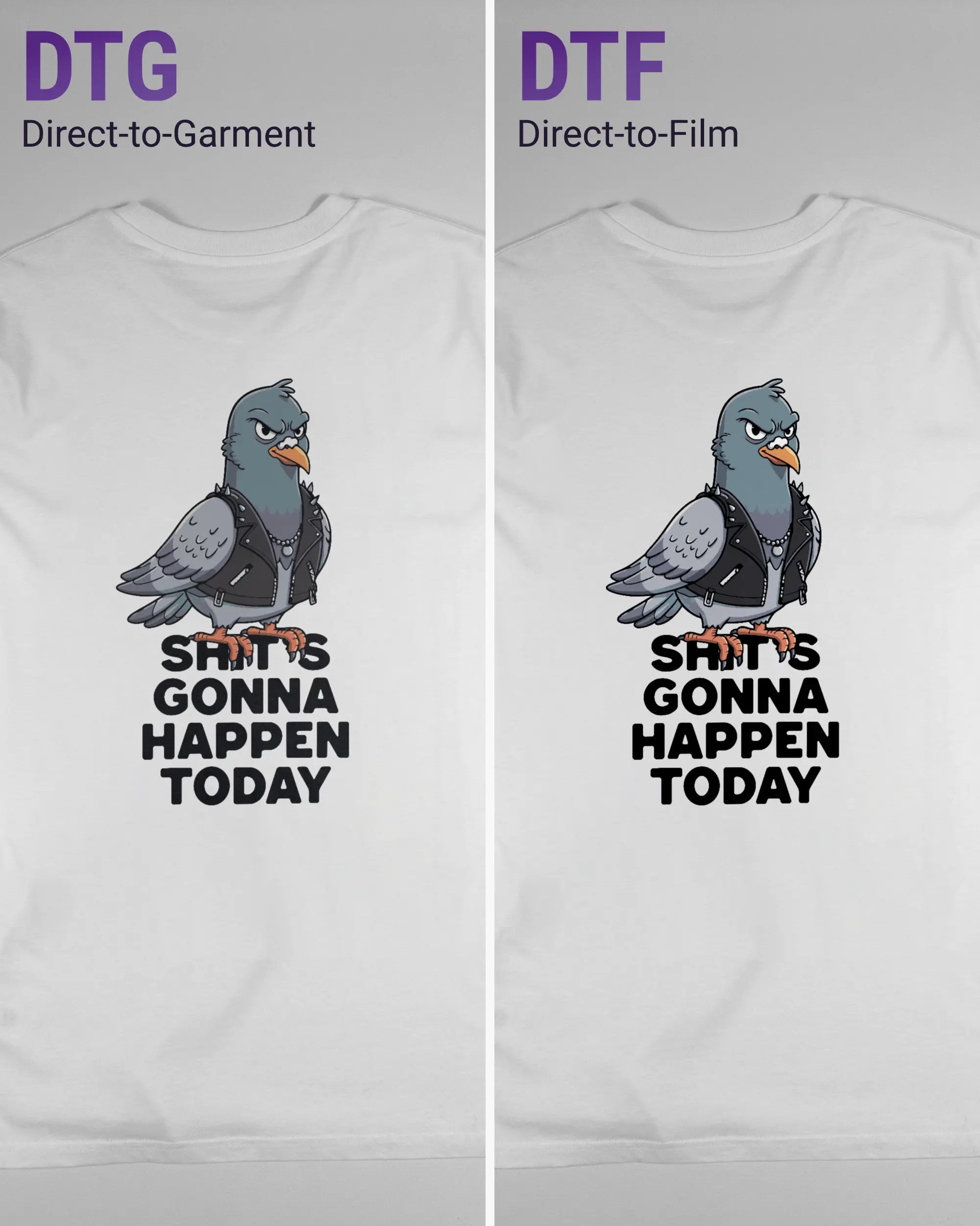 Vergleich der Rückseiten des Organic Unisex T-Shirt Casual von Maondo mit dem Design Pigeon Pun in der Farbe White und in der Größe L links mit dem Direct-to-Garment und rechts mit dem Direct-to-Film Verfahren
