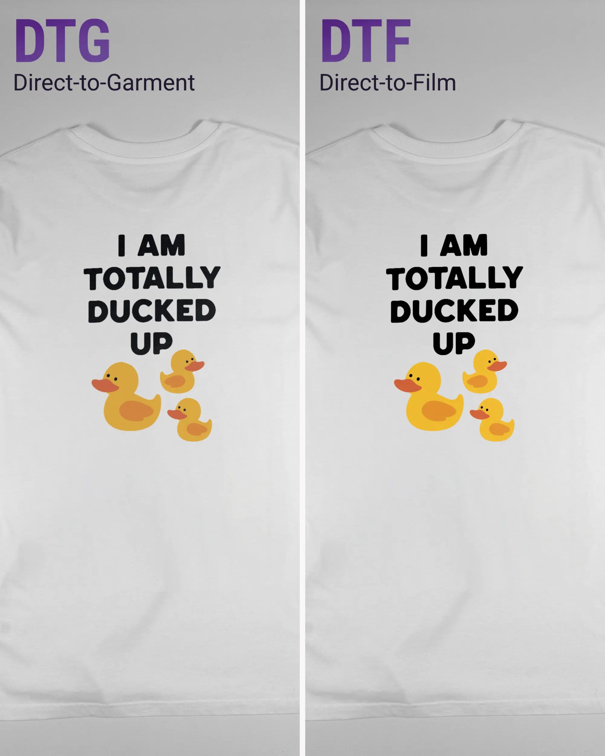 Vergleich der Rückseiten des Organic Unisex T-Shirt Casual von Maondo mit dem Design Ducked Up in der Farbe White und in der Größe L links mit dem Direct-to-Garment und rechts mit dem Direct-to-Film Verfahren