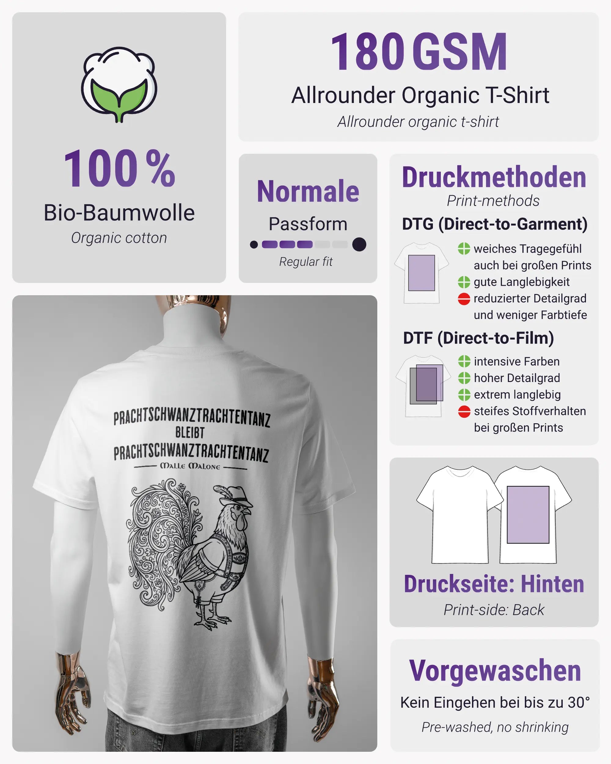 Produktinformationsblatt des Organic Unisex T-Shirt Casual von Maondo mit dem Design Trachtentanz hinten in der Farbe White und in der Größe L