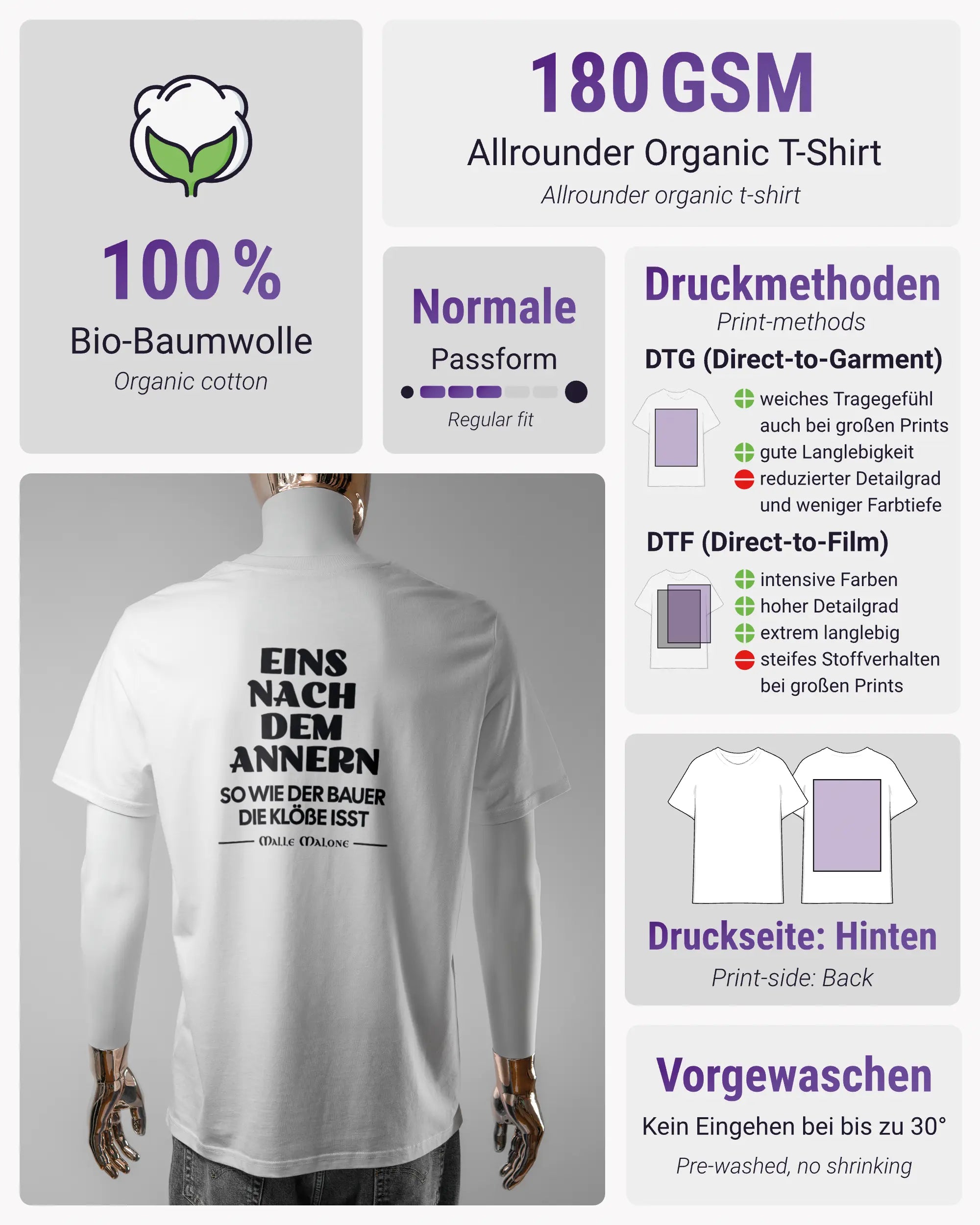 Produktinformationsblatt des Organic Unisex T-Shirt Casual von Maondo mit dem Design Eins nach dem Annern hinten in der Farbe White und in der Größe L