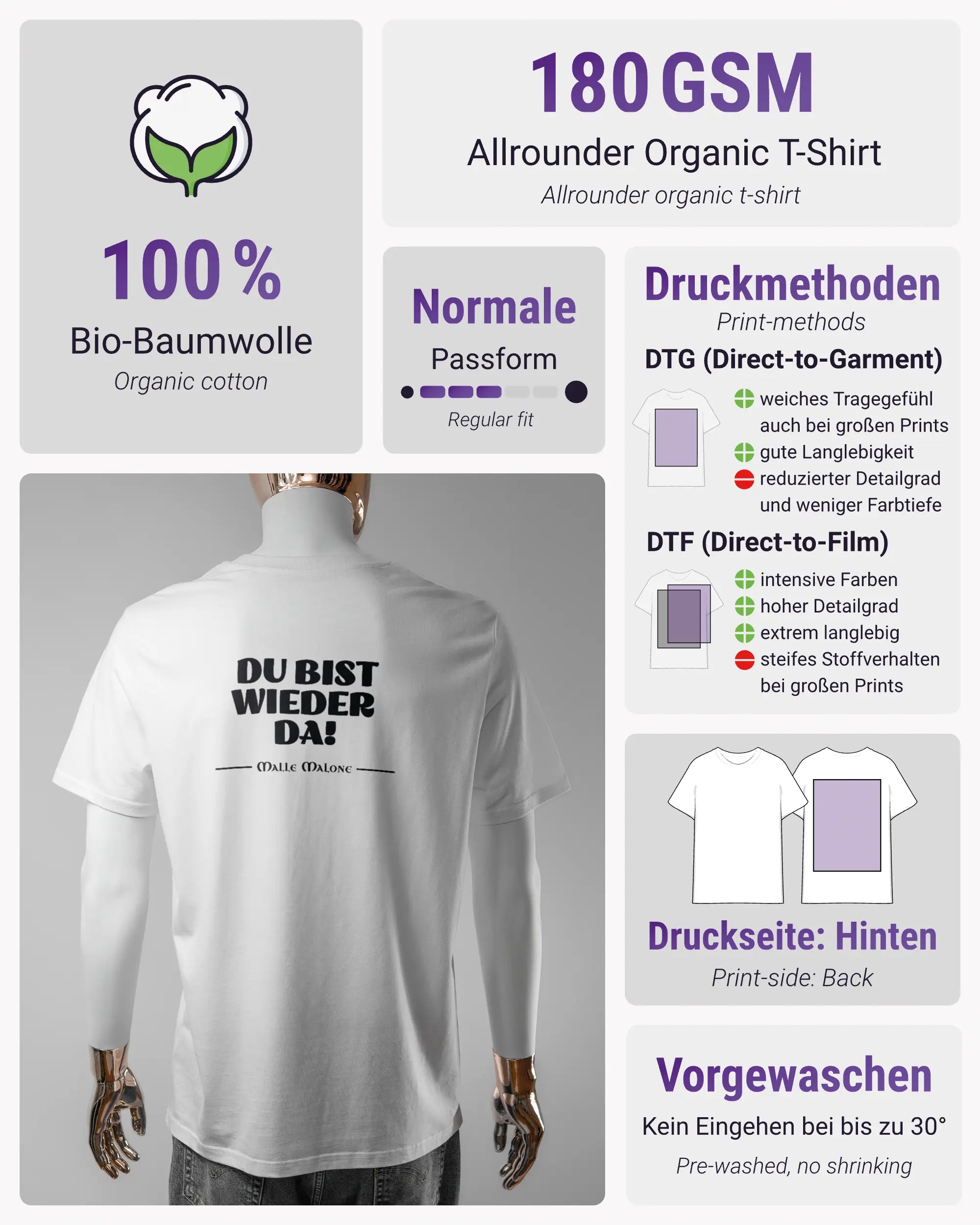 Produktinformationsblatt des Organic Unisex T-Shirt Casual von Maondo mit dem Design Wieder da hinten in der Farbe White und in der Größe L