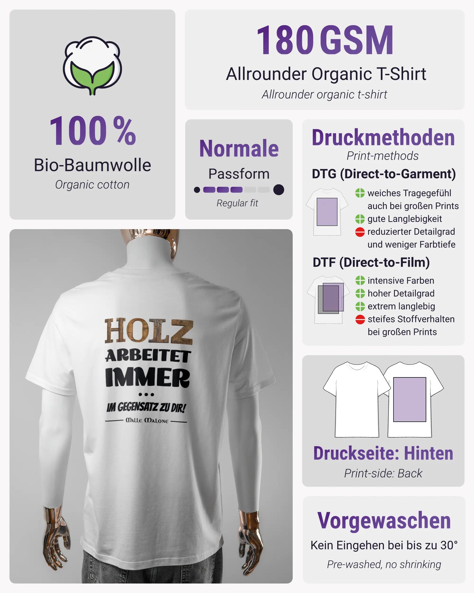 Produktinformationsblatt des Organic Unisex T-Shirt Casual von Maondo mit dem Design Holzarbeit hinten in der Farbe White und in der Größe L