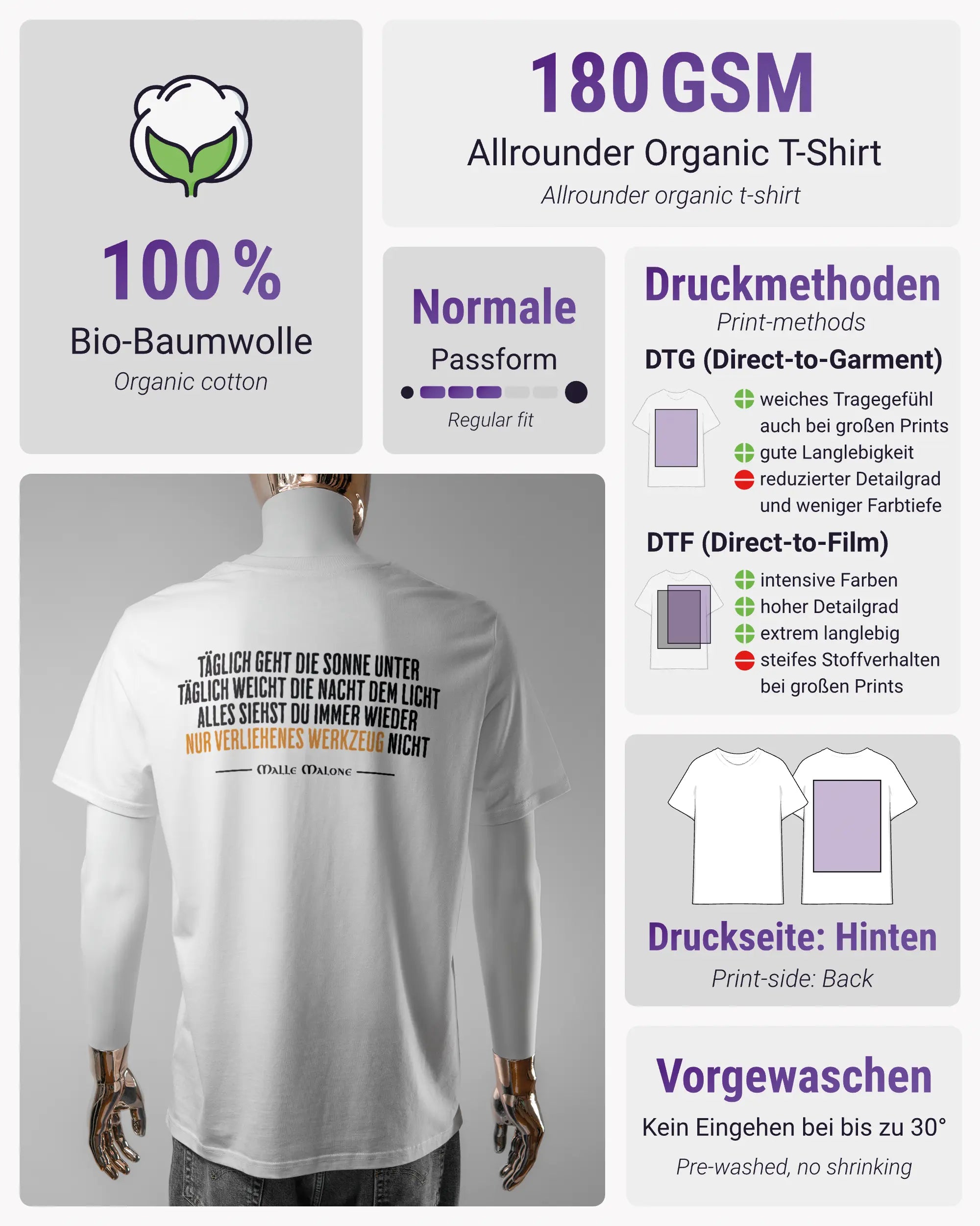 Produktinformationsblatt des Organic Unisex T-Shirt Casual von Maondo mit dem Design Wegzeug hinten in der Farbe White und in der Größe L