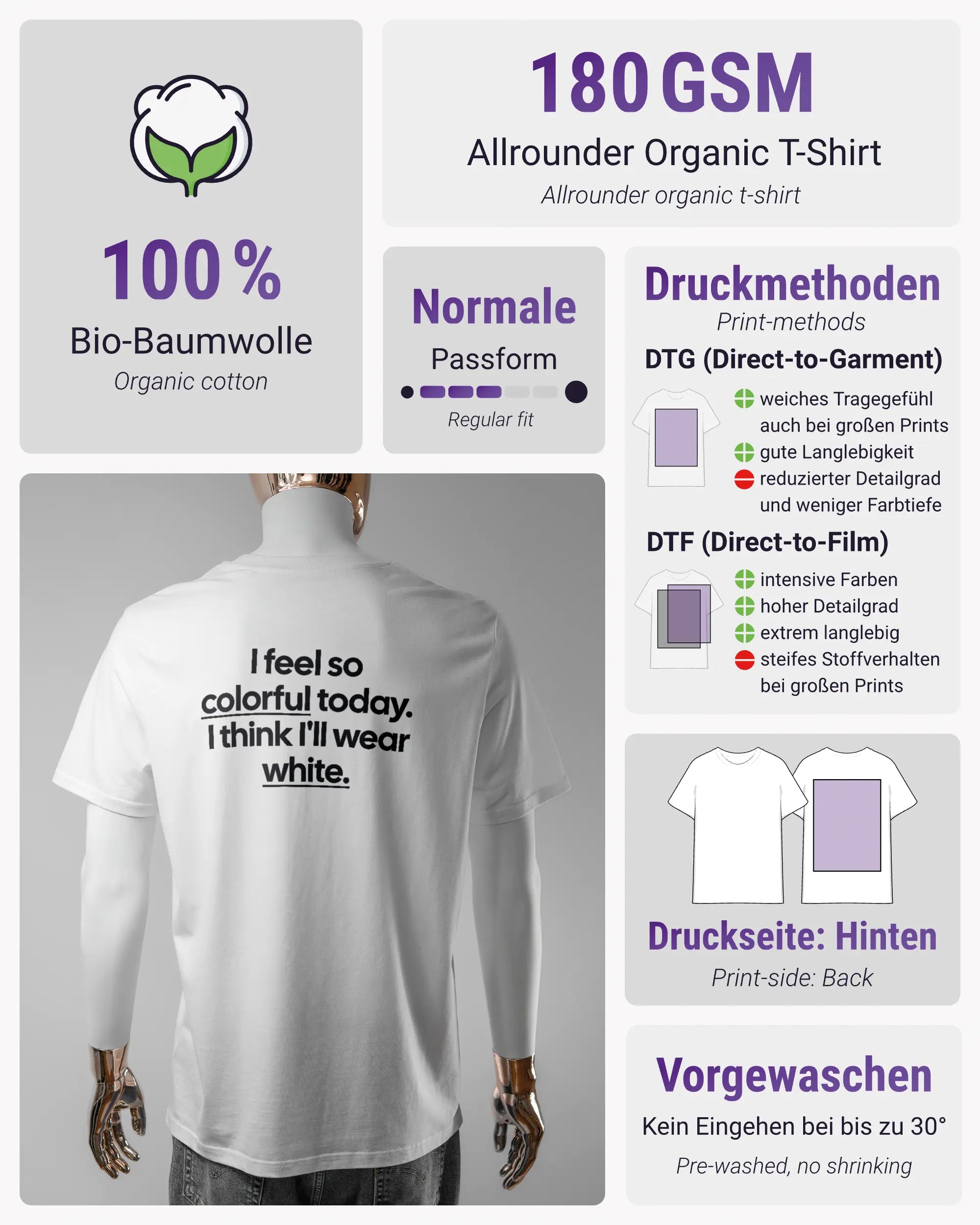 Produktinformationsblatt des Organic Unisex T-Shirt Casual von Maondo mit dem Design Colorful Day hinten in der Farbe White und in der Größe L