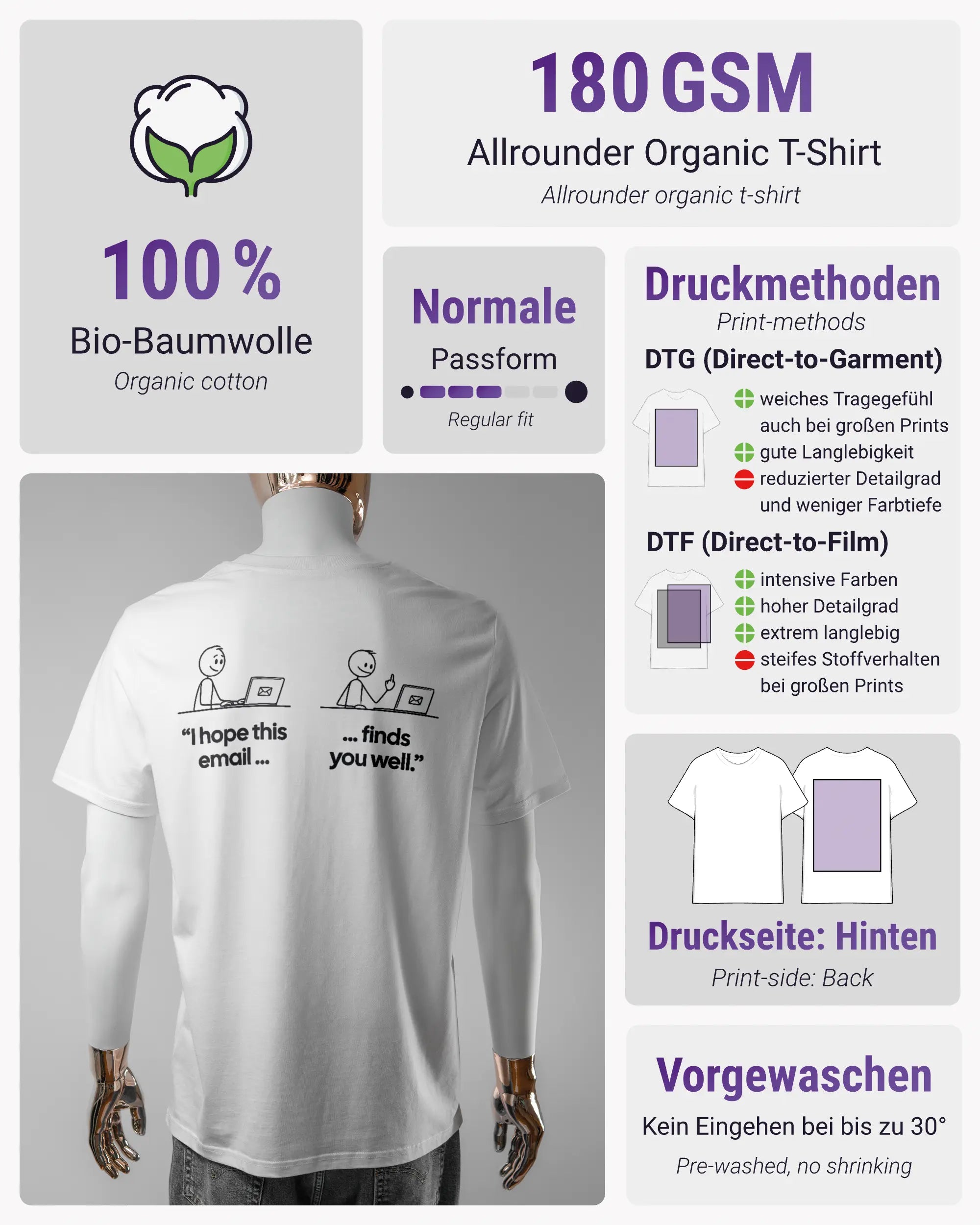 Produktinformationsblatt des Organic Unisex T-Shirt Casual von Maondo mit dem Design Found me not well hinten in der Farbe White und in der Größe L