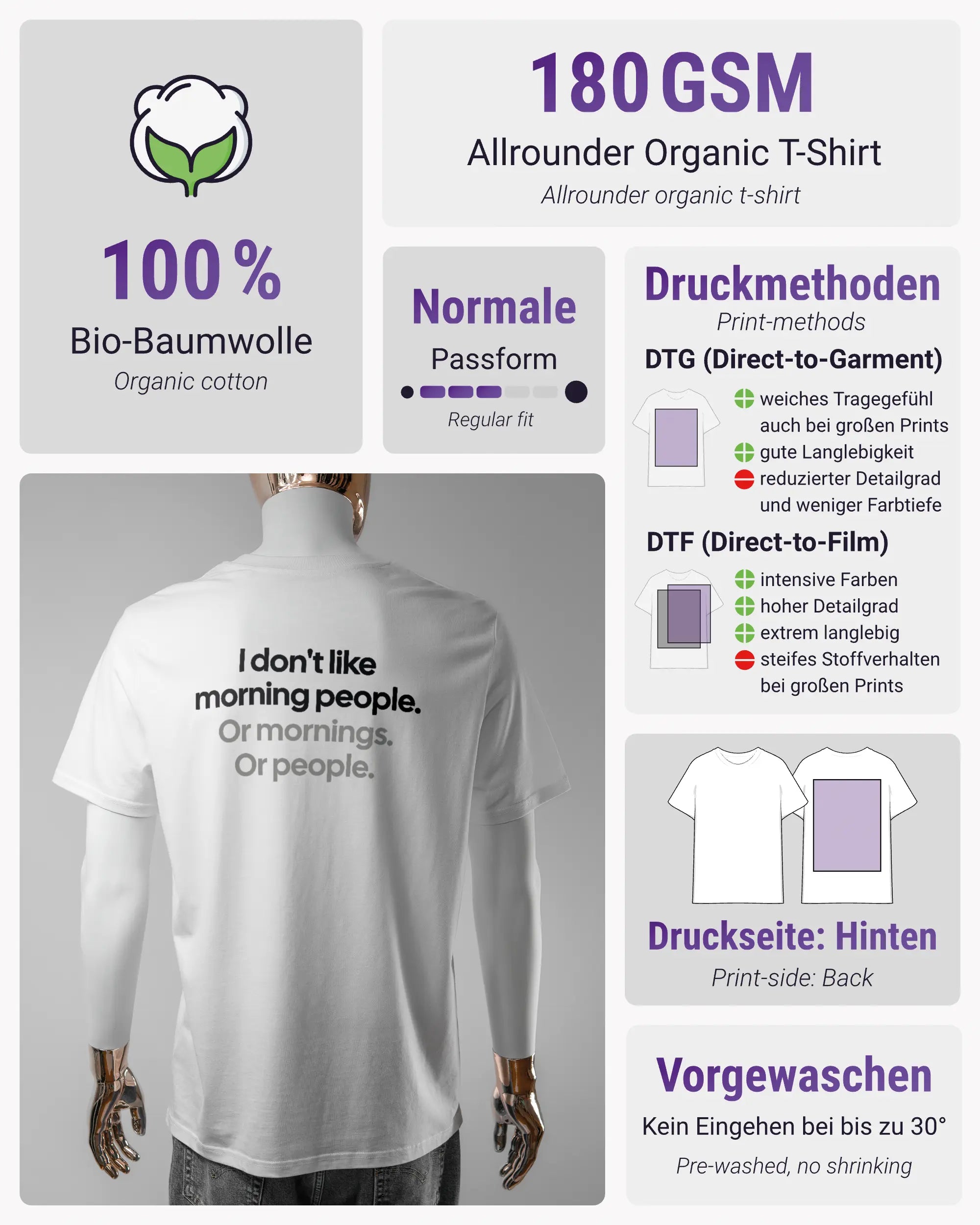 Produktinformationsblatt des Organic Unisex T-Shirt Casual von Maondo mit dem Design Morning Person hinten in der Farbe White und in der Größe L