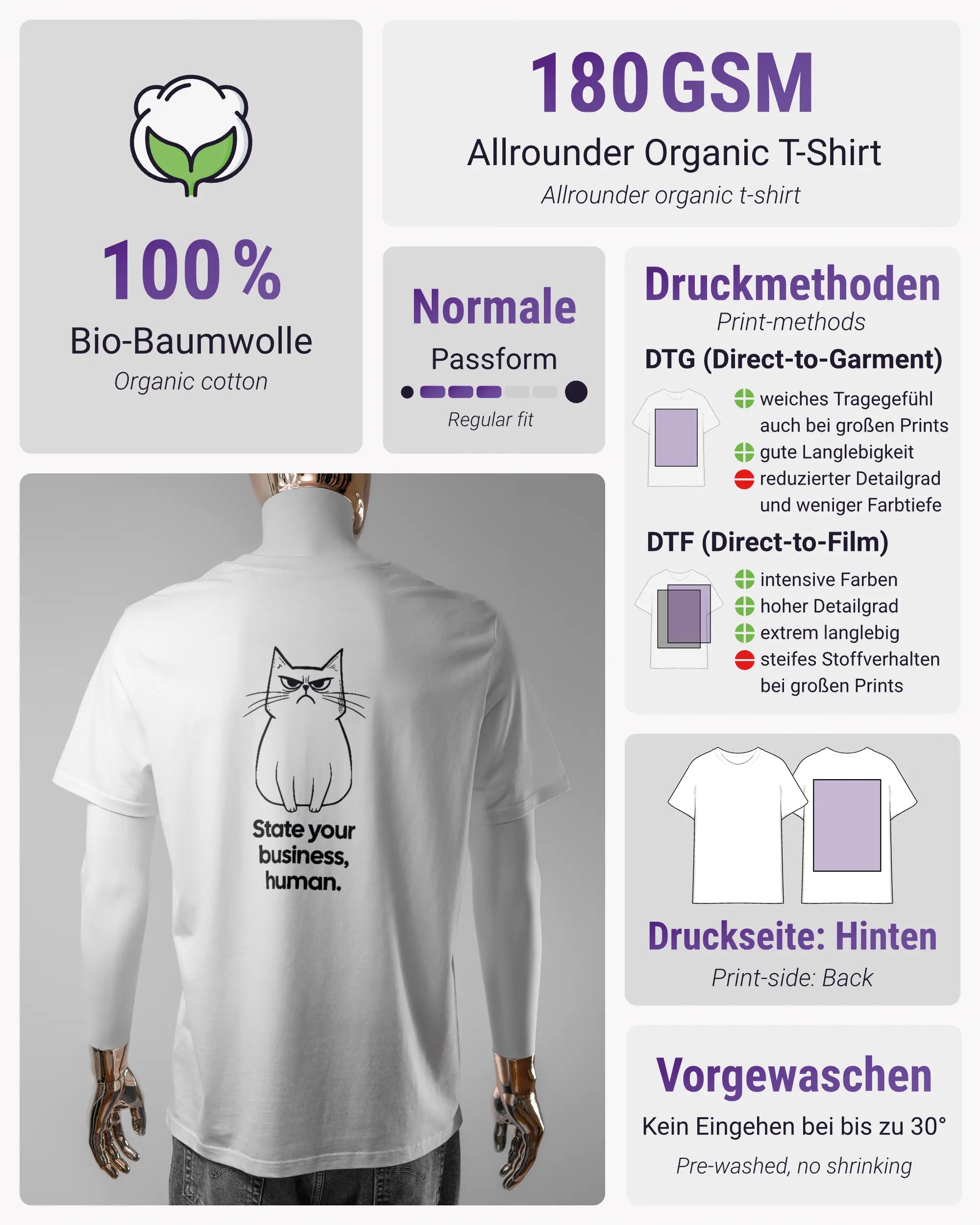Produktinformationsblatt des Organic Unisex T-Shirt Casual von Maondo mit dem Design Grumpy Purr hinten in der Farbe White und in der Größe L