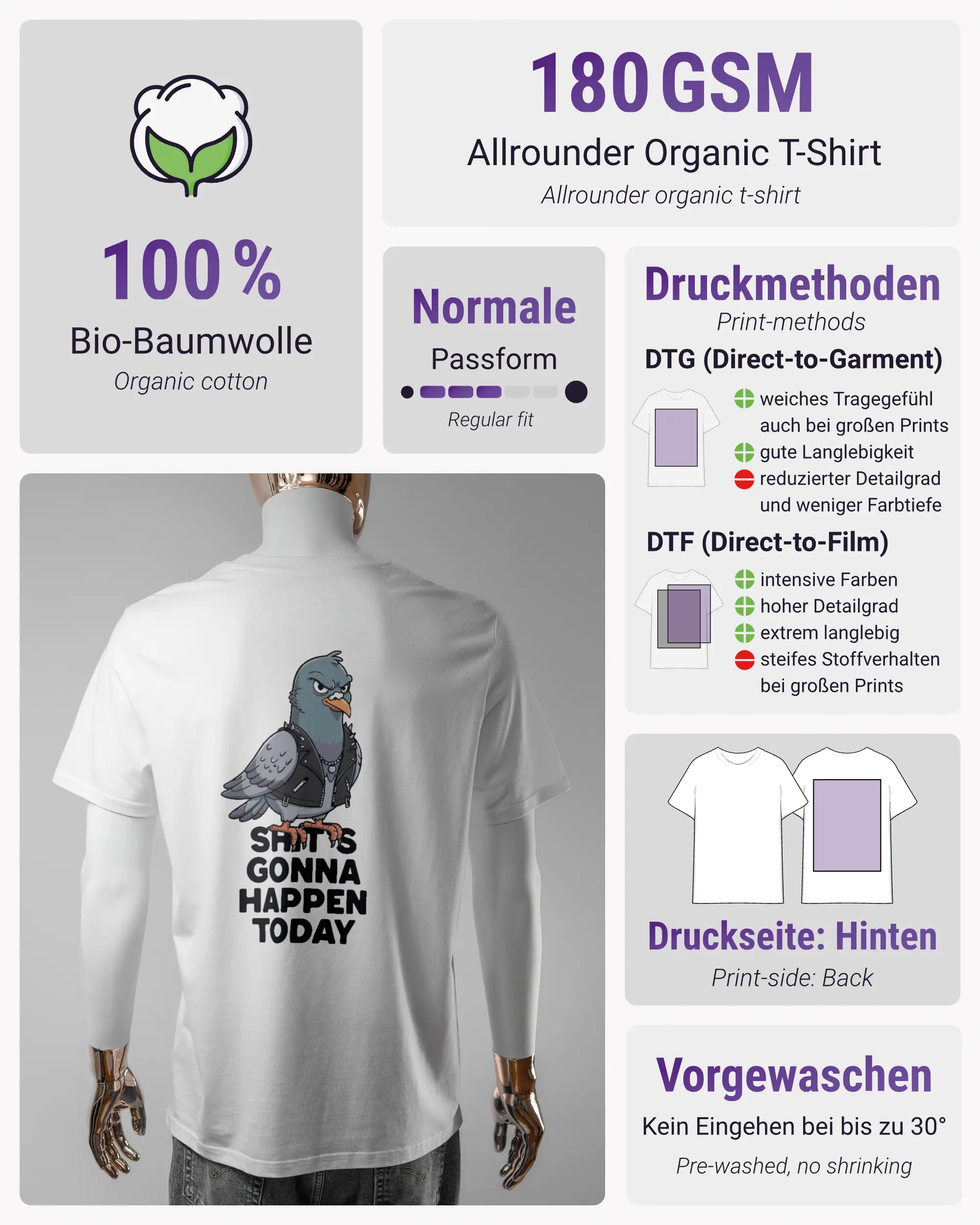 Produktinformationsblatt des Organic Unisex T-Shirt Casual von Maondo mit dem Design Pigeon Pun hinten in der Farbe White und in der Größe L