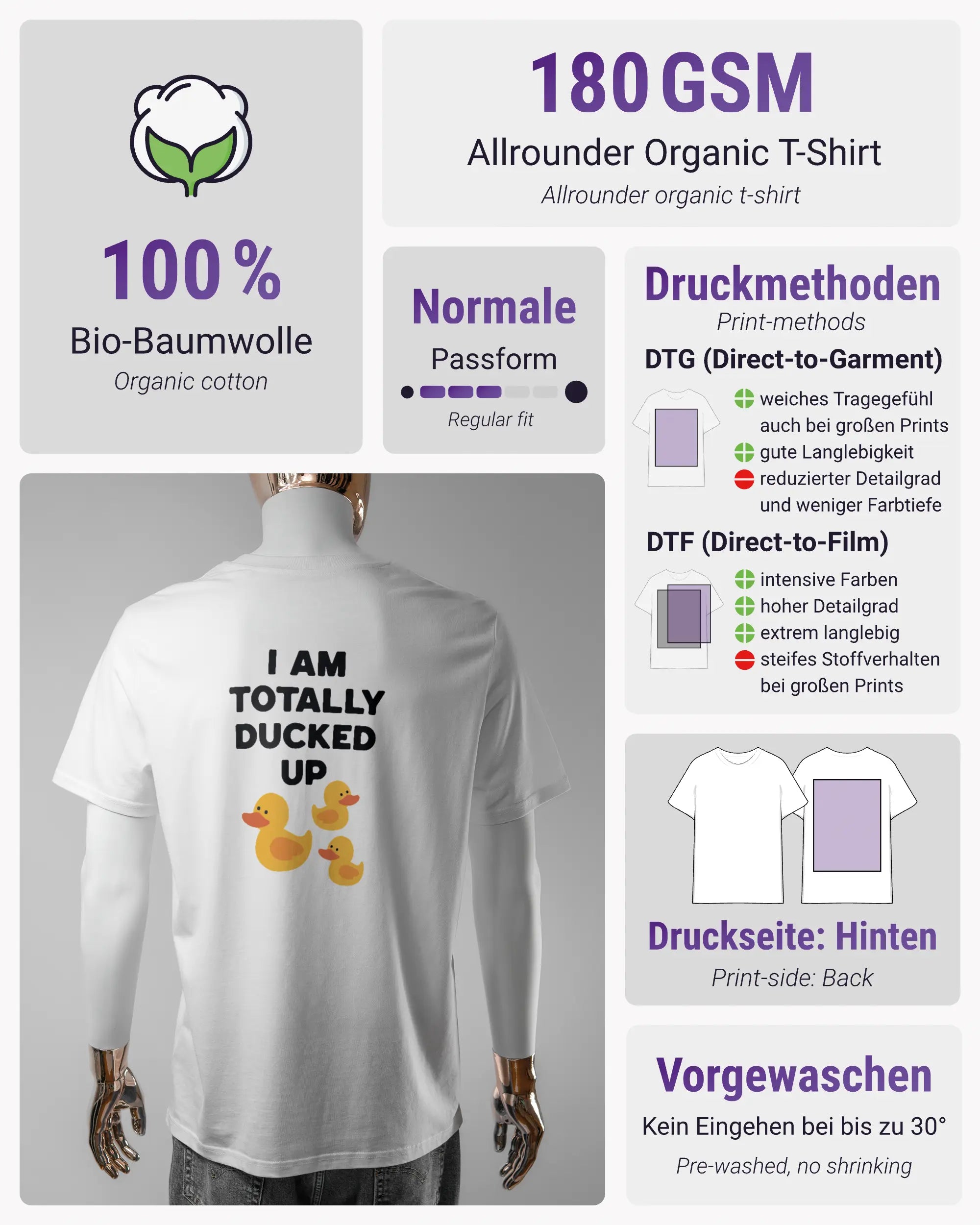 Produktinformationsblatt des Organic Unisex T-Shirt Casual von Maondo mit dem Design Ducked Up hinten in der Farbe White und in der Größe L