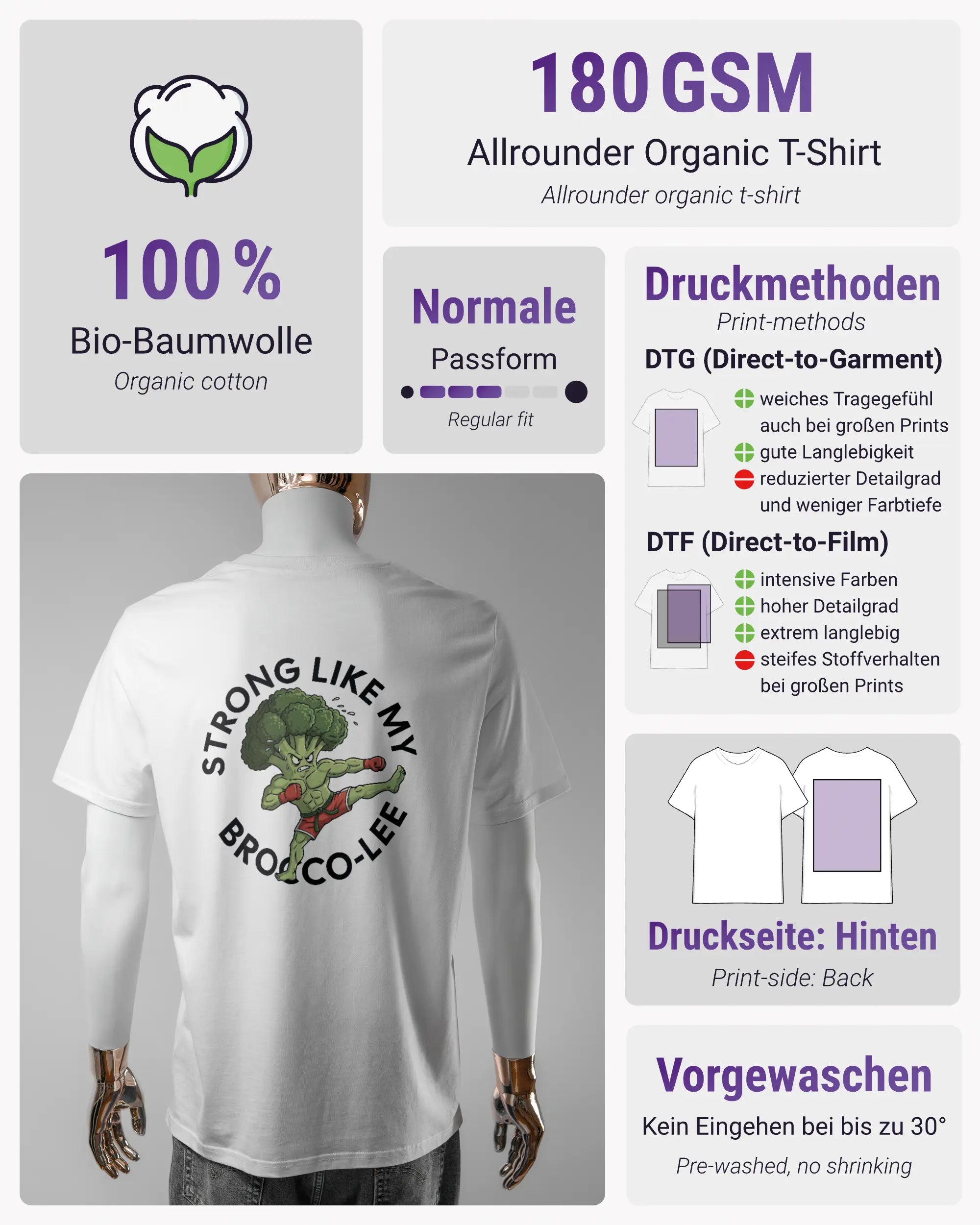Produktinformationsblatt des Organic Unisex T-Shirt Casual von Maondo mit dem Design Brocco-Lee hinten in der Farbe White und in der Größe L