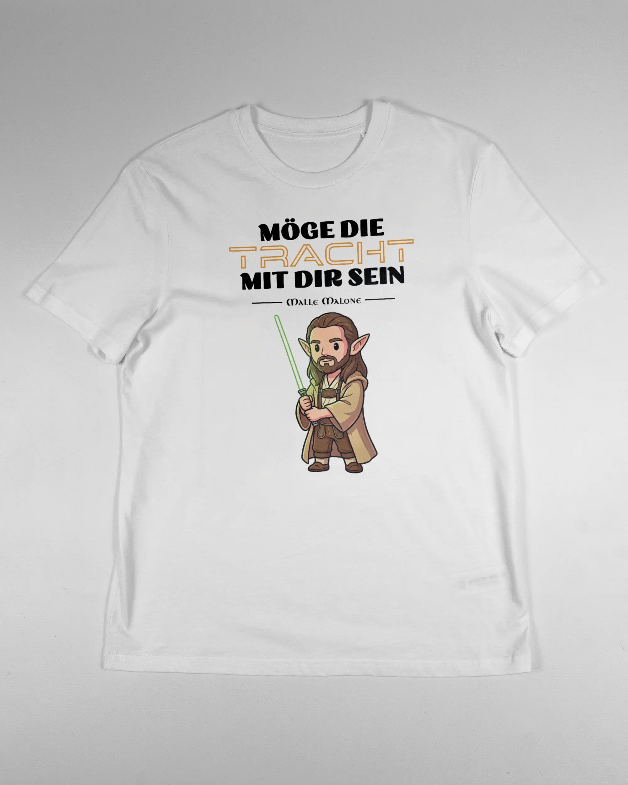 Vorderseite des Organic Unisex T-Shirt Casual von Maondo mit dem Design Tracht mit dir in der Farbe White und in der Größe S flach auf den Boden gelegt
