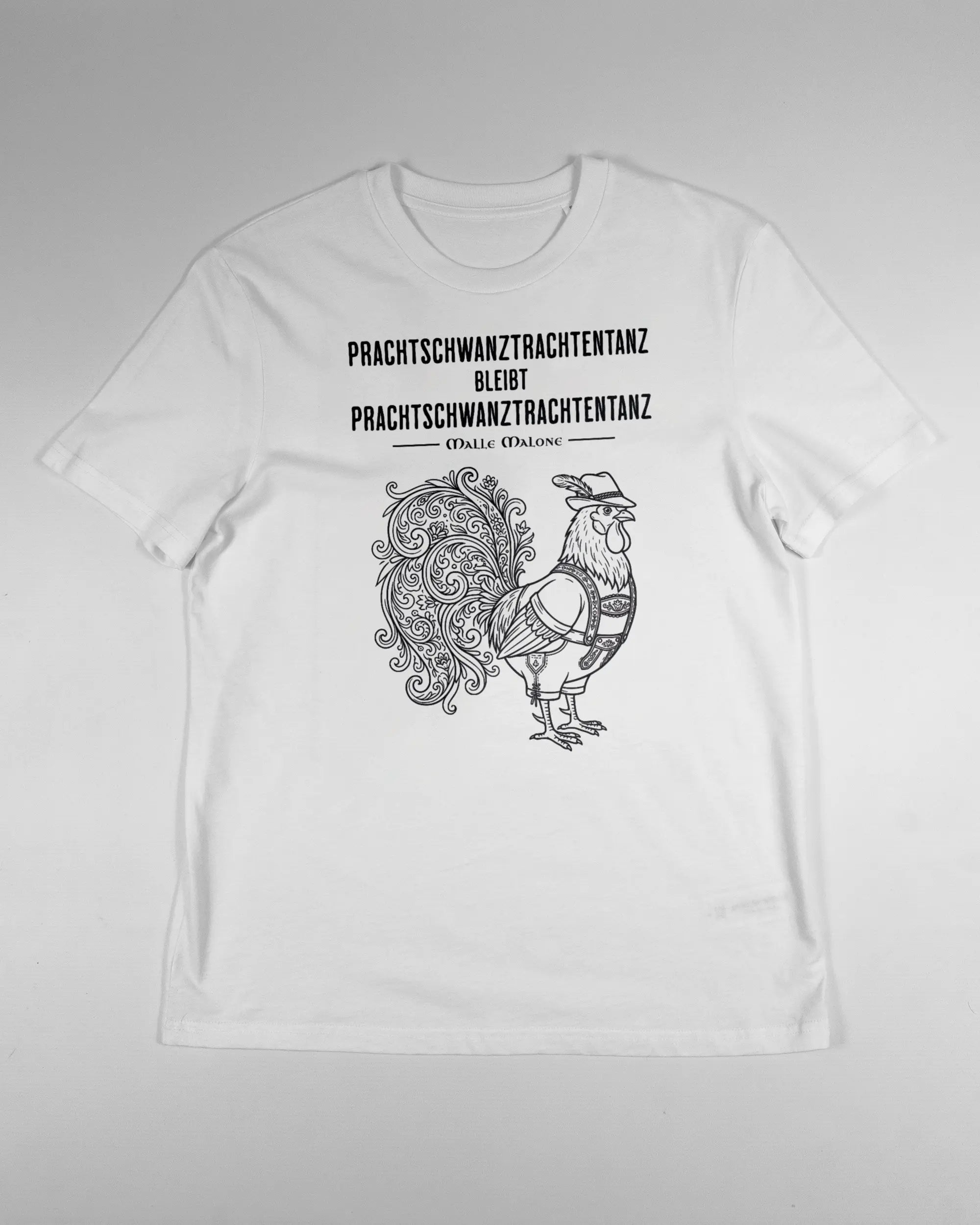 Vorderseite des Organic Unisex T-Shirt Casual von Maondo mit dem Design Trachtentanz in der Farbe White und in der Größe S flach auf den Boden gelegt