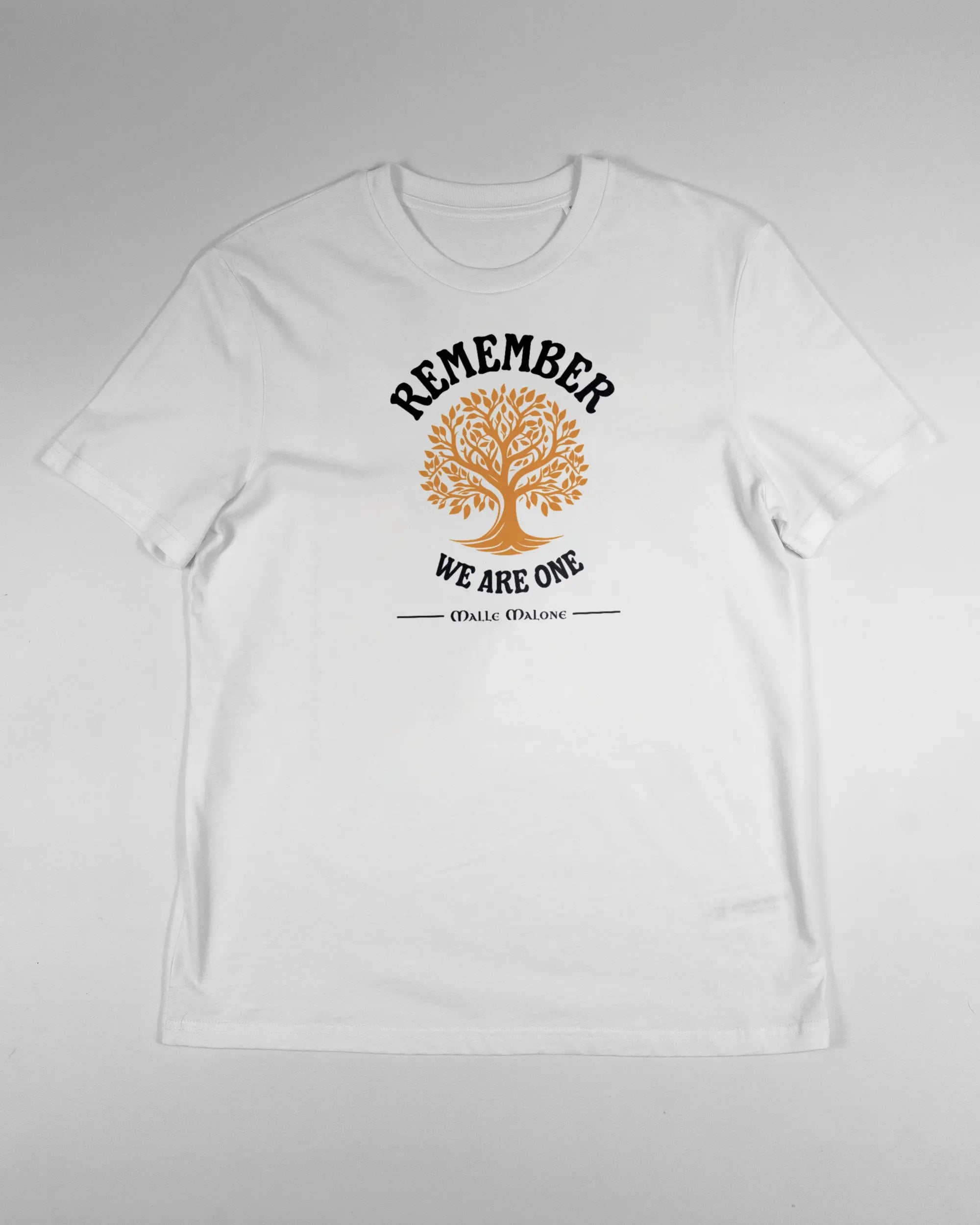 Vorderseite des Organic Unisex T-Shirt Casual von Maondo mit dem Design We are one in der Farbe White und in der Größe S flach auf den Boden gelegt