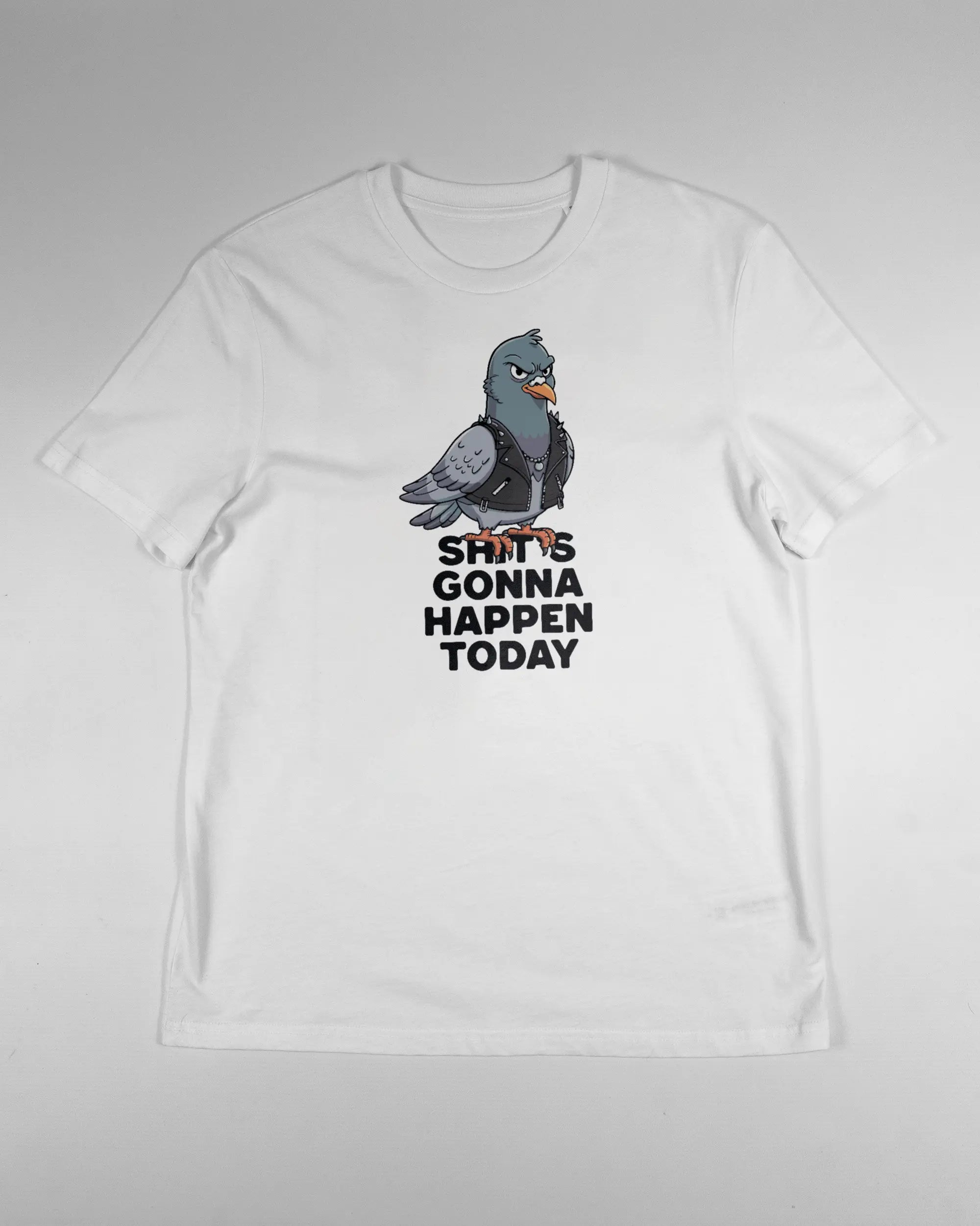 Vorderseite des Organic Unisex T-Shirt Casual von Maondo mit dem Design Pigeon Pun in der Farbe White und in der Größe S flach auf den Boden gelegt