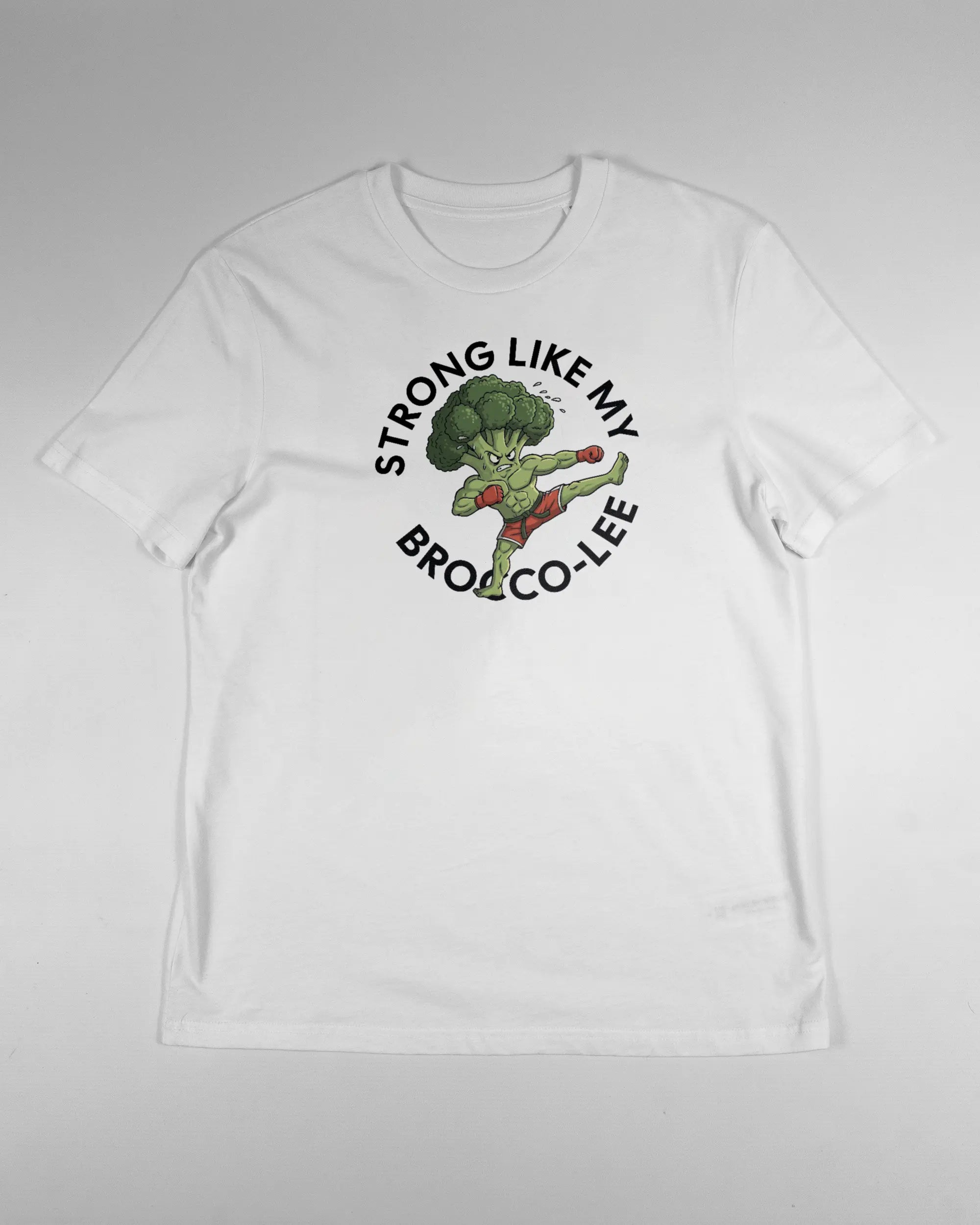 Vorderseite des Organic Unisex T-Shirt Casual von Maondo mit dem Design Brocco-Lee in der Farbe White und in der Größe S flach auf den Boden gelegt