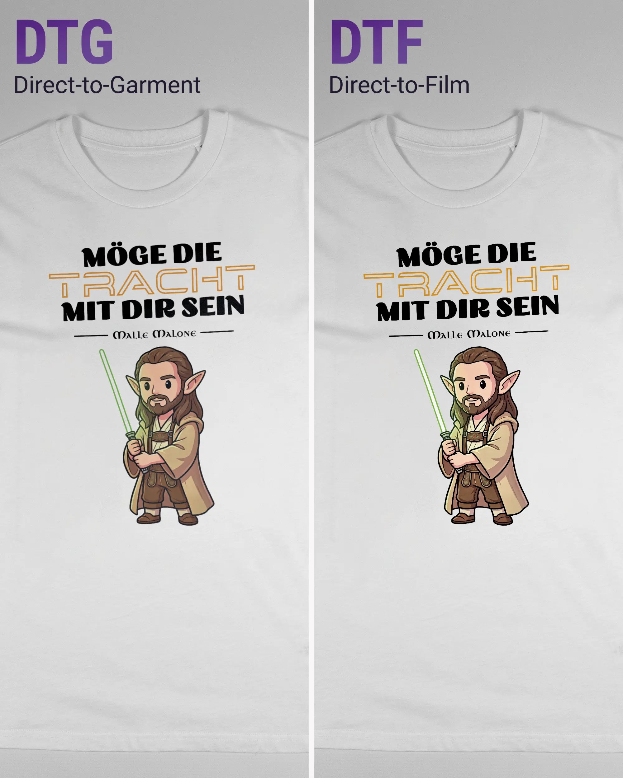 Vergleich der Vorderseiten des Organic Unisex T-Shirt Casual von Maondo mit dem Design Tracht mit dir in der Farbe White und in der Größe S links mit dem Direct-to-Garment und rechts mit dem Direct-to-Film Verfahren