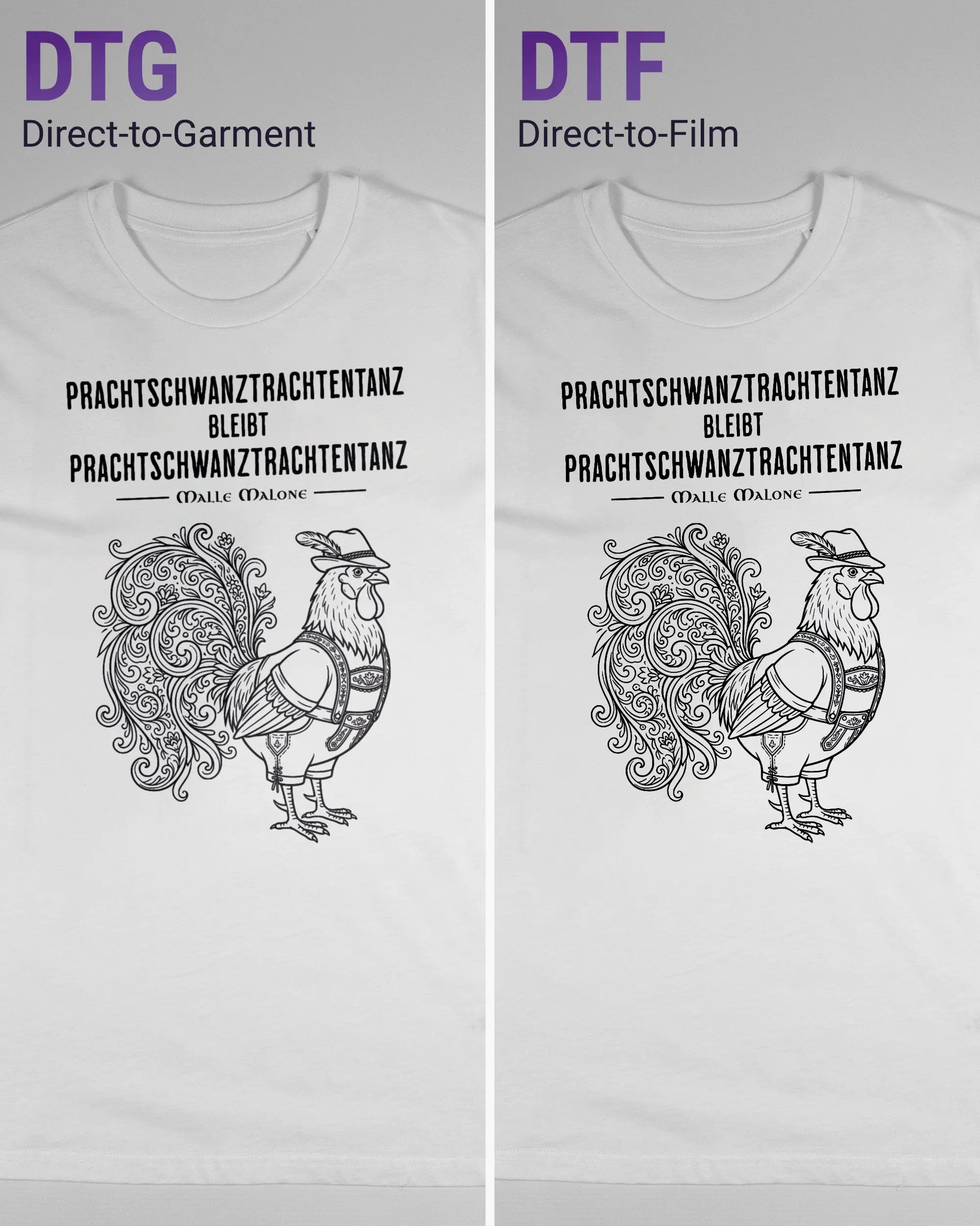 Vergleich der Vorderseiten des Organic Unisex T-Shirt Casual von Maondo mit dem Design Trachtentanz in der Farbe White und in der Größe S links mit dem Direct-to-Garment und rechts mit dem Direct-to-Film Verfahren