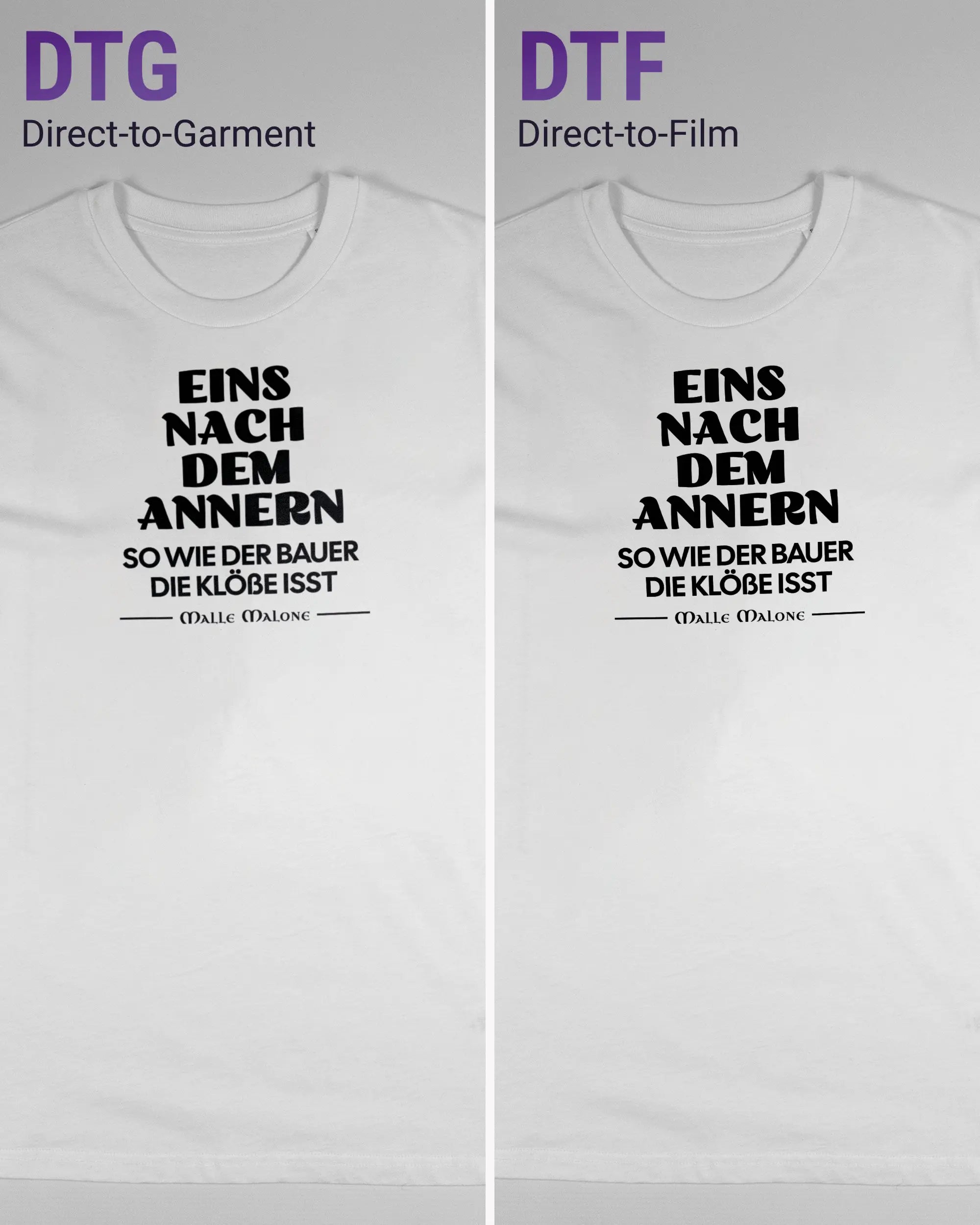 Vergleich der Vorderseiten des Organic Unisex T-Shirt Casual von Maondo mit dem Design Eins nach dem Annern in der Farbe White und in der Größe S links mit dem Direct-to-Garment und rechts mit dem Direct-to-Film Verfahren