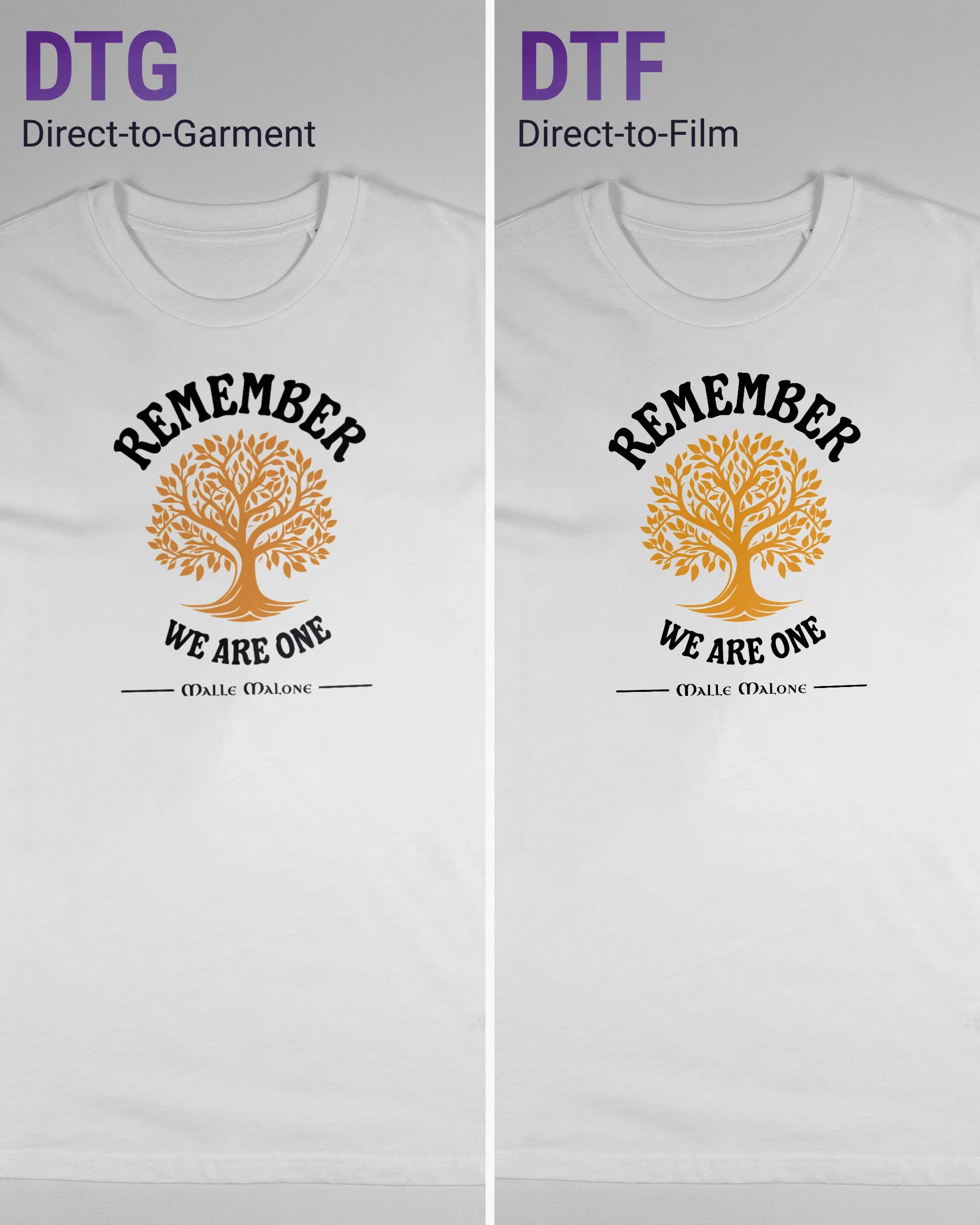 Vergleich der Vorderseiten des Organic Unisex T-Shirt Casual von Maondo mit dem Design We are one in der Farbe White und in der Größe S links mit dem Direct-to-Garment und rechts mit dem Direct-to-Film Verfahren