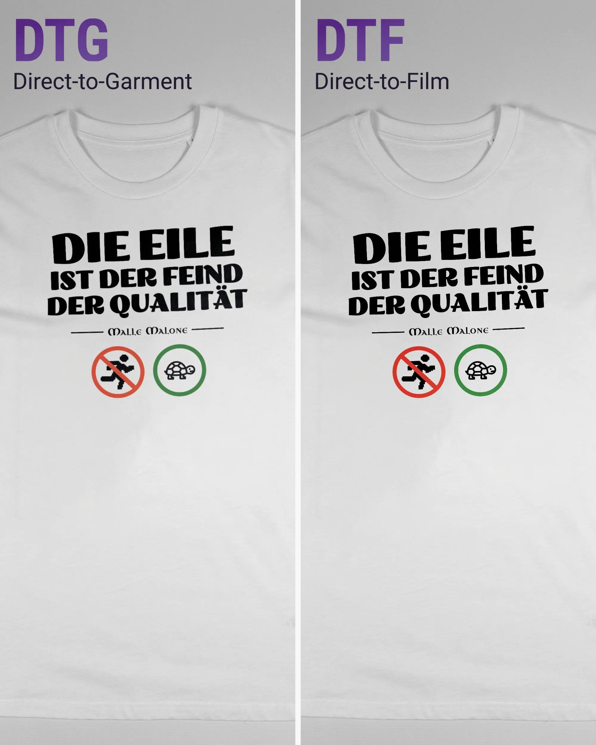 Vergleich der Vorderseiten des Organic Unisex T-Shirt Casual von Maondo mit dem Design Keine Eile in der Farbe White und in der Größe S links mit dem Direct-to-Garment und rechts mit dem Direct-to-Film Verfahren