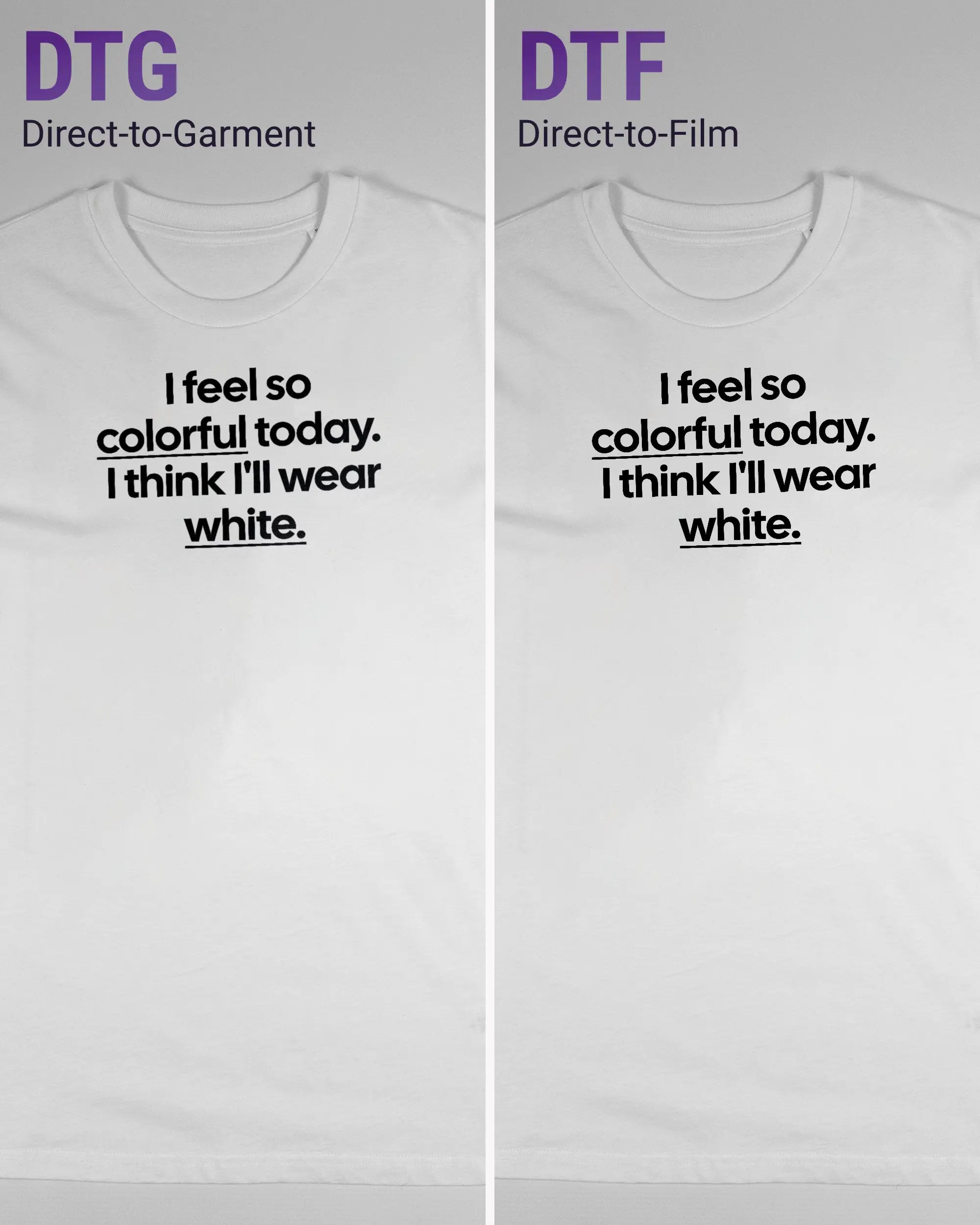 Vergleich der Vorderseiten des Organic Unisex T-Shirt Casual von Maondo mit dem Design Colorful Day in der Farbe White und in der Größe S links mit dem Direct-to-Garment und rechts mit dem Direct-to-Film Verfahren