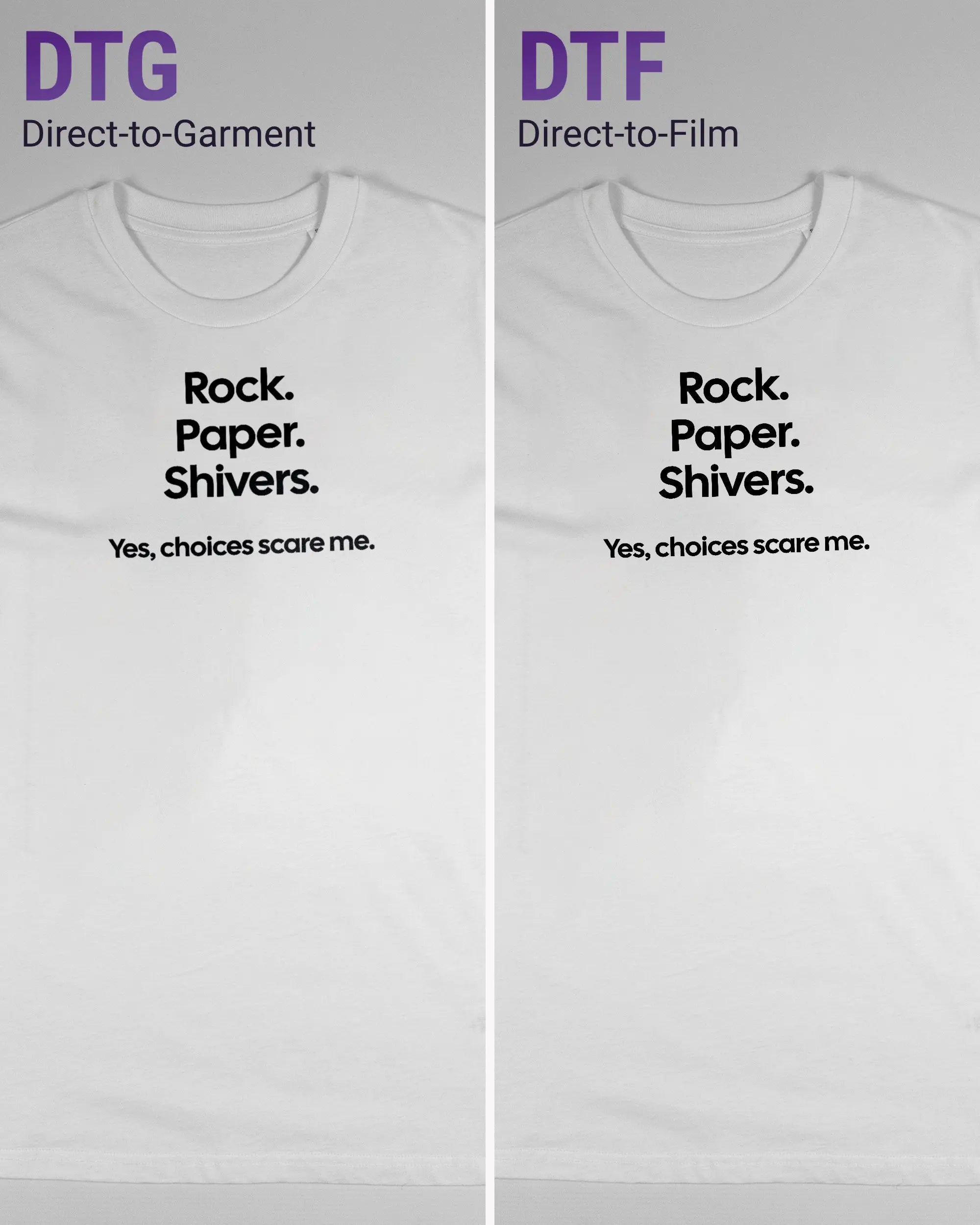 Vergleich der Vorderseiten des Organic Unisex T-Shirt Casual von Maondo mit dem Design Rock Paper Shivers in der Farbe White und in der Größe S links mit dem Direct-to-Garment und rechts mit dem Direct-to-Film Verfahren