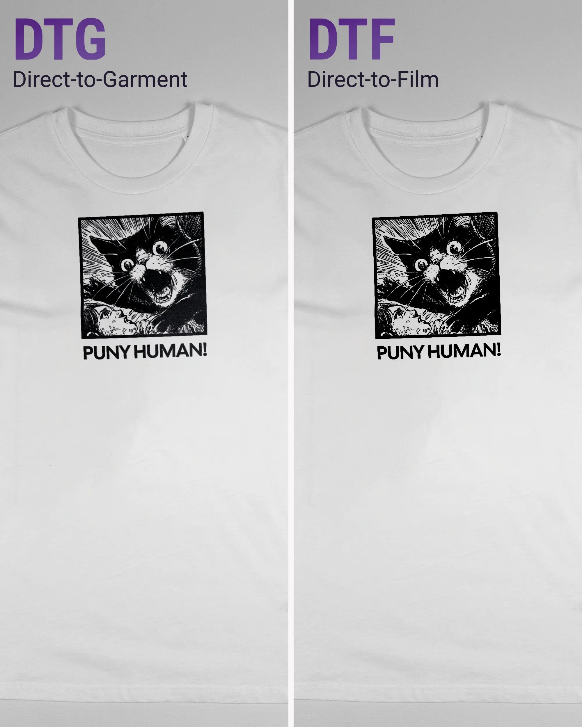 Vergleich der Vorderseiten des Organic Unisex T-Shirt Casual von Maondo mit dem Design Puny Human in der Farbe White und in der Größe S links mit dem Direct-to-Garment und rechts mit dem Direct-to-Film Verfahren