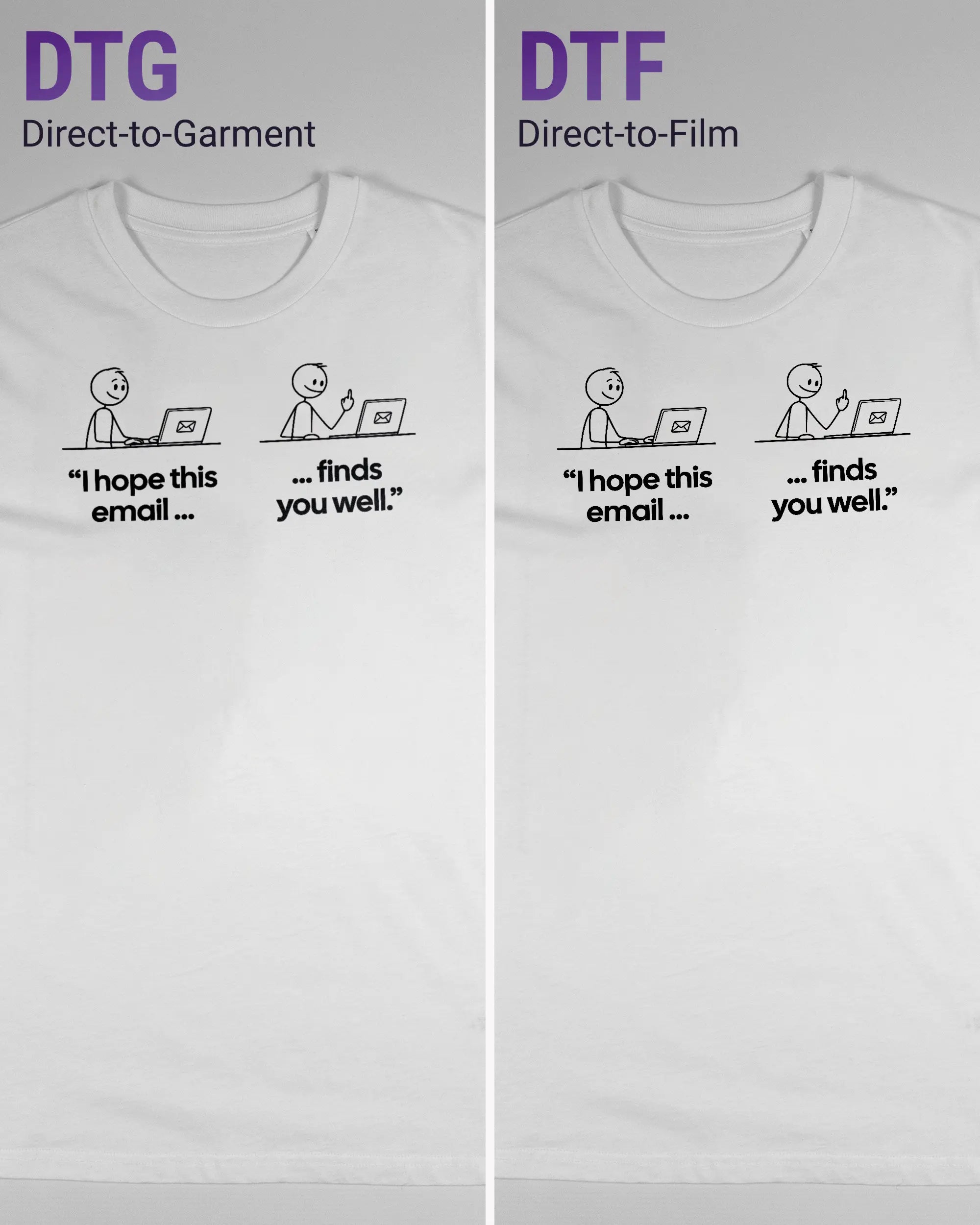 Vergleich der Vorderseiten des Organic Unisex T-Shirt Casual von Maondo mit dem Design Found me not well in der Farbe White und in der Größe S links mit dem Direct-to-Garment und rechts mit dem Direct-to-Film Verfahren