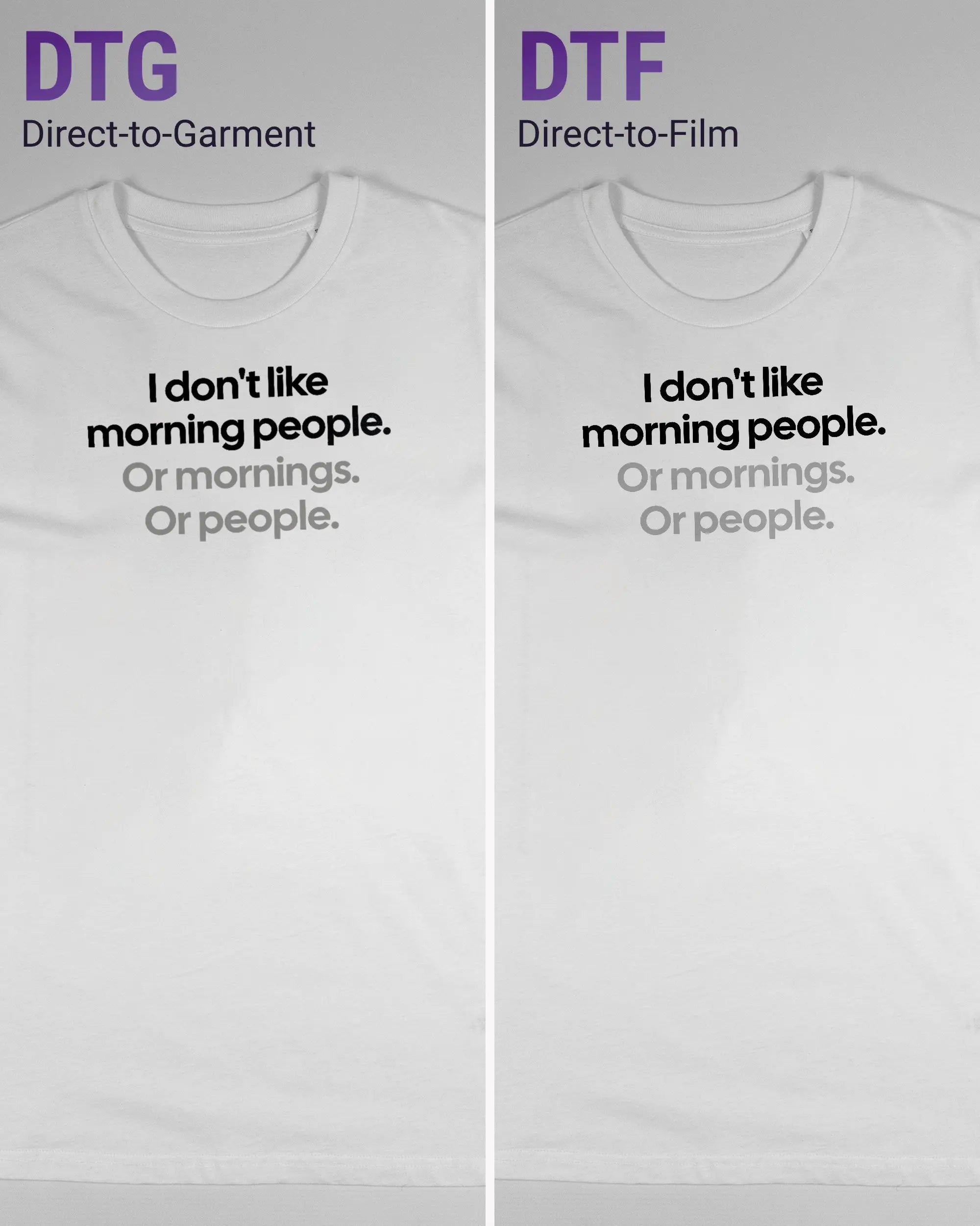 Vergleich der Vorderseiten des Organic Unisex T-Shirt Casual von Maondo mit dem Design Morning Person in der Farbe White und in der Größe S links mit dem Direct-to-Garment und rechts mit dem Direct-to-Film Verfahren