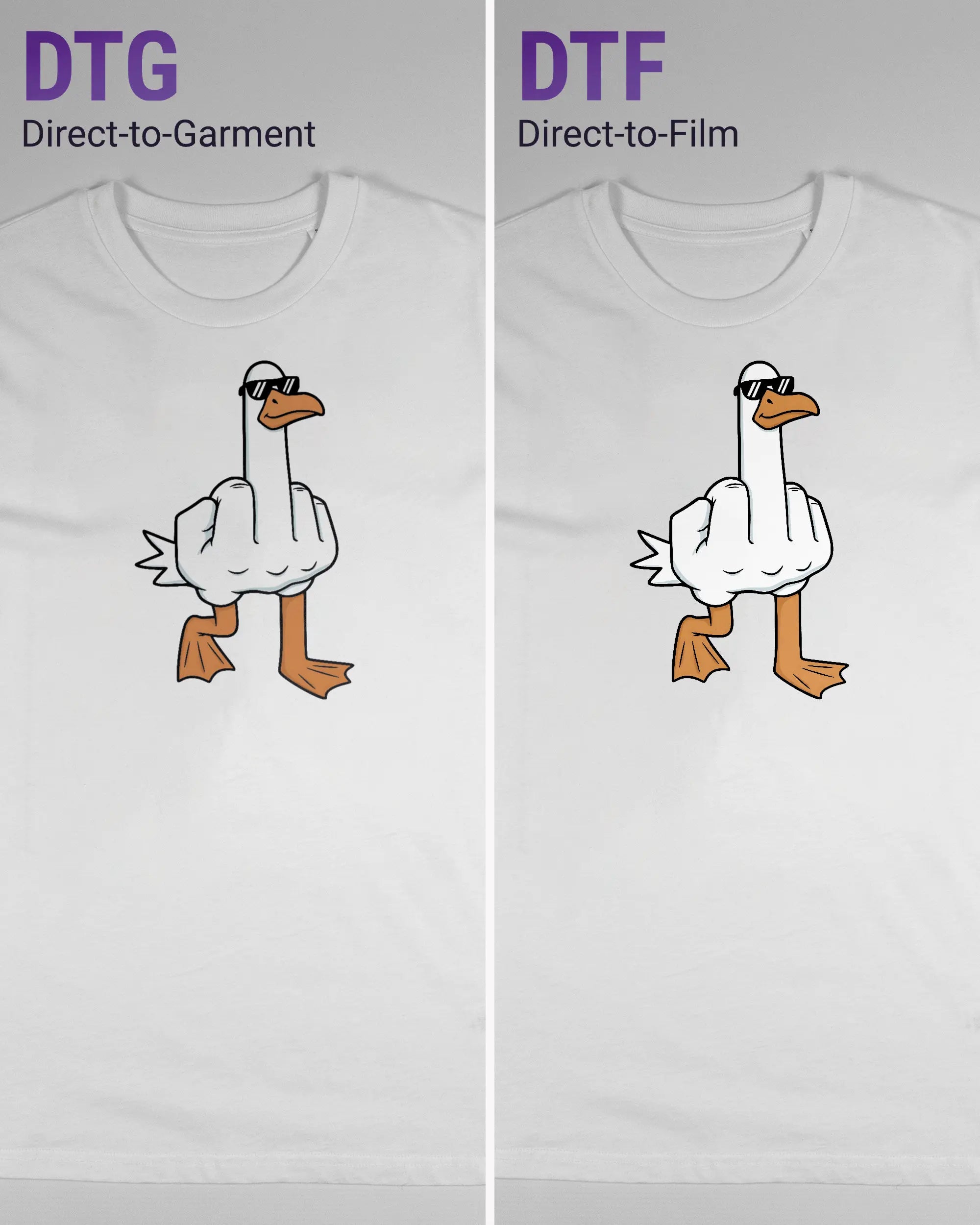 Vergleich der Vorderseiten des Organic Unisex T-Shirt Casual von Maondo mit dem Design I give a duck in der Farbe White und in der Größe S links mit dem Direct-to-Garment und rechts mit dem Direct-to-Film Verfahren