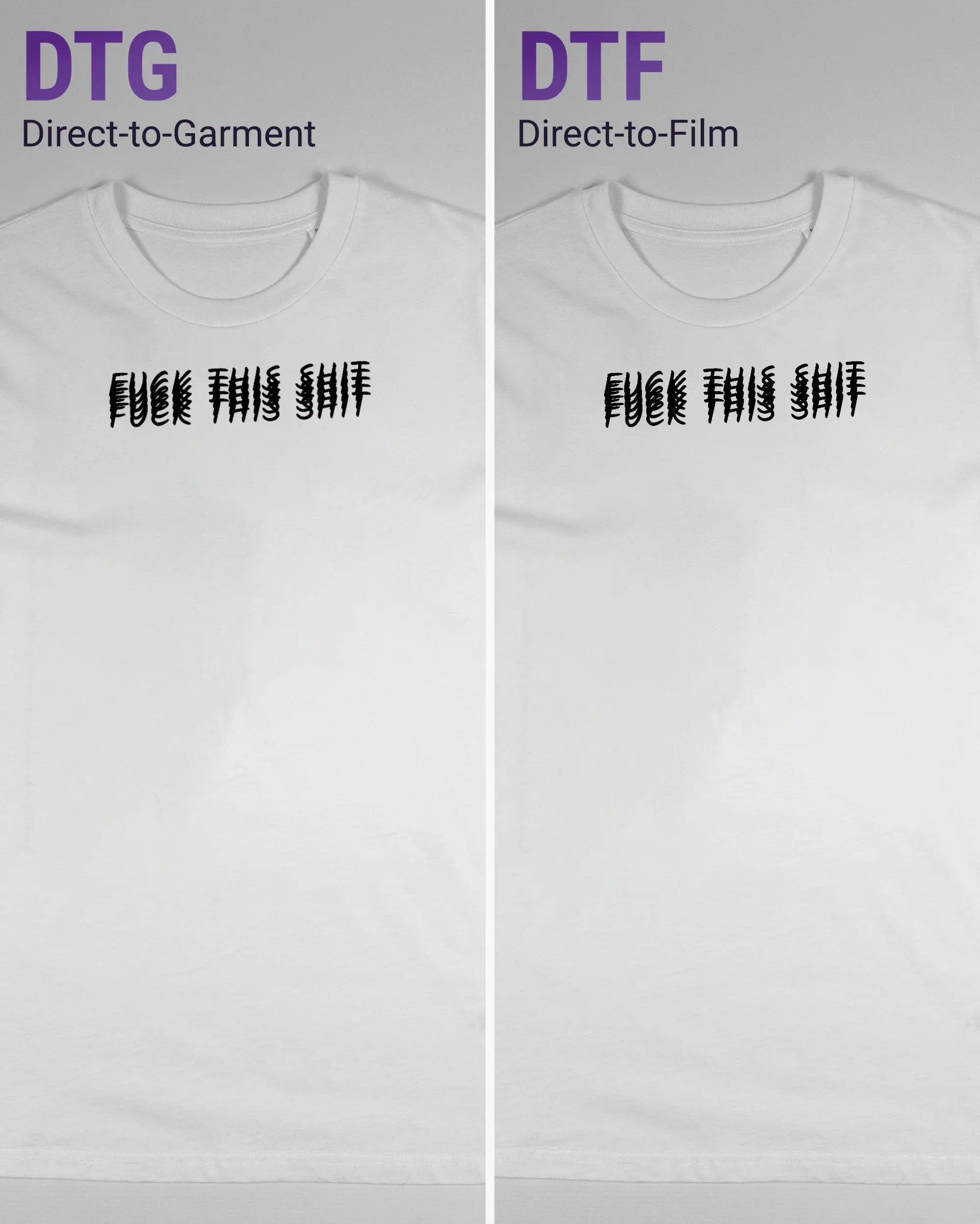Vergleich der Vorderseiten des Organic Unisex T-Shirt Casual von Maondo mit dem Design Hidden Message in der Farbe White und in der Größe S links mit dem Direct-to-Garment und rechts mit dem Direct-to-Film Verfahren