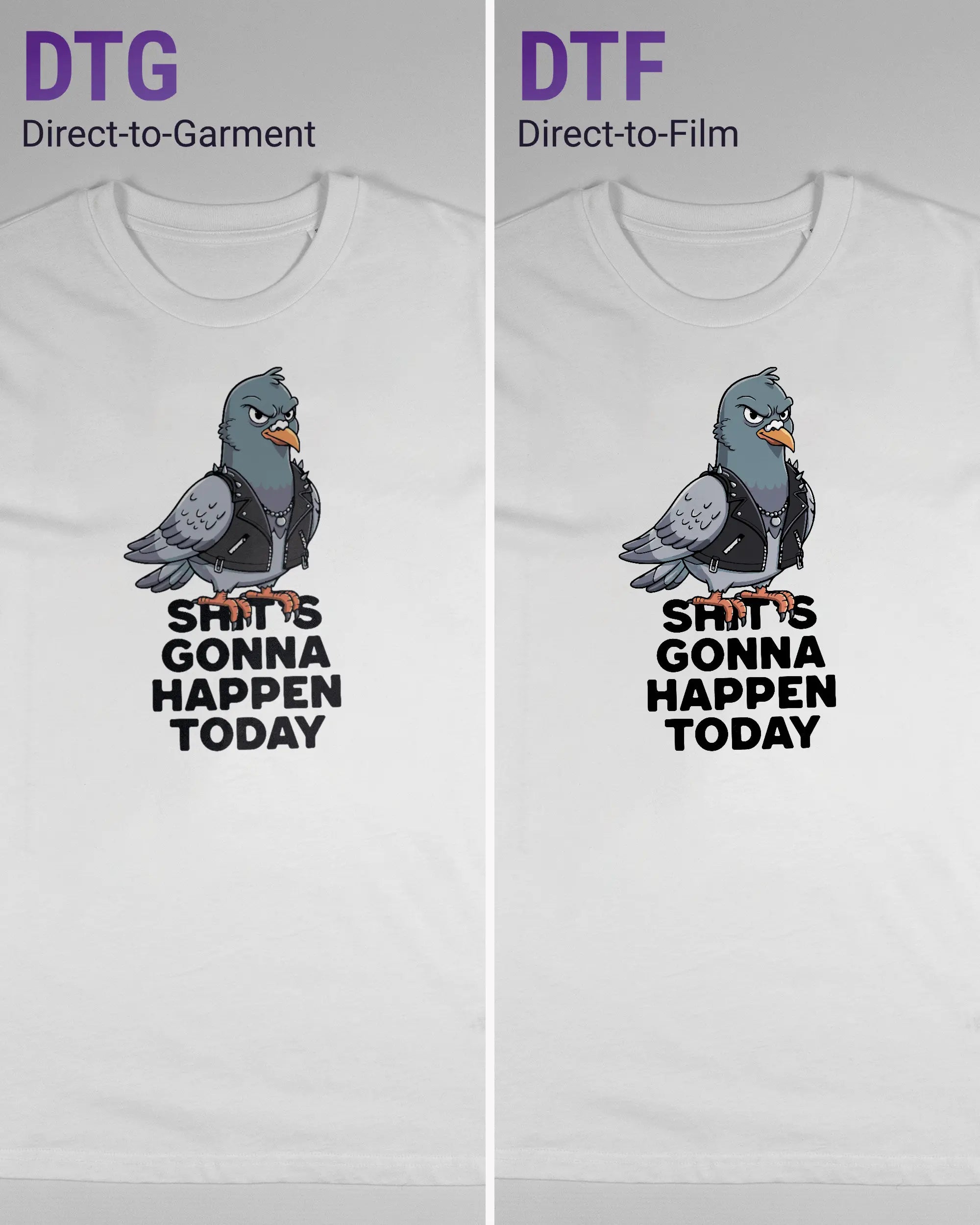 Vergleich der Vorderseiten des Organic Unisex T-Shirt Casual von Maondo mit dem Design Pigeon Pun in der Farbe White und in der Größe S links mit dem Direct-to-Garment und rechts mit dem Direct-to-Film Verfahren