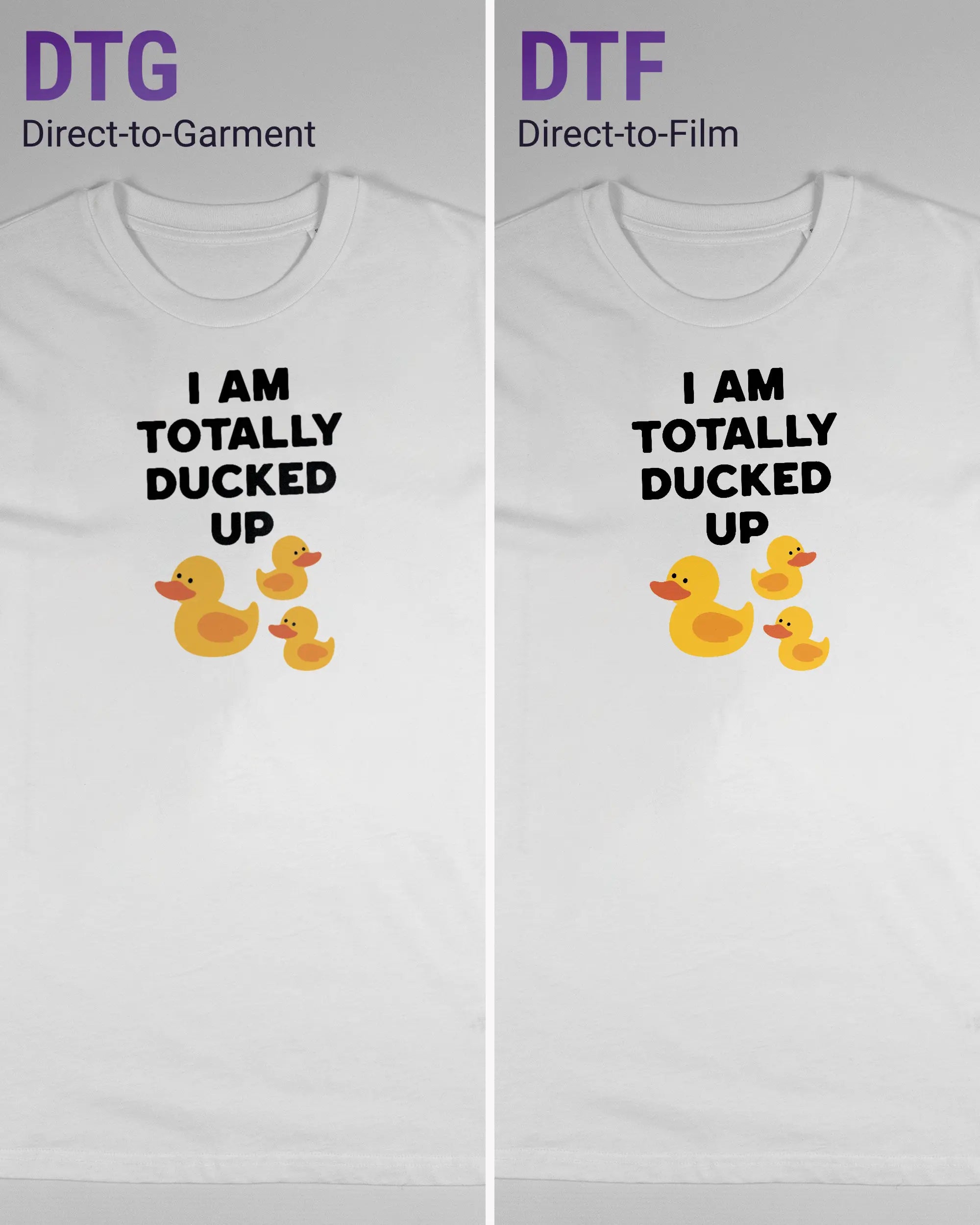 Vergleich der Vorderseiten des Organic Unisex T-Shirt Casual von Maondo mit dem Design Ducked Up in der Farbe White und in der Größe S links mit dem Direct-to-Garment und rechts mit dem Direct-to-Film Verfahren