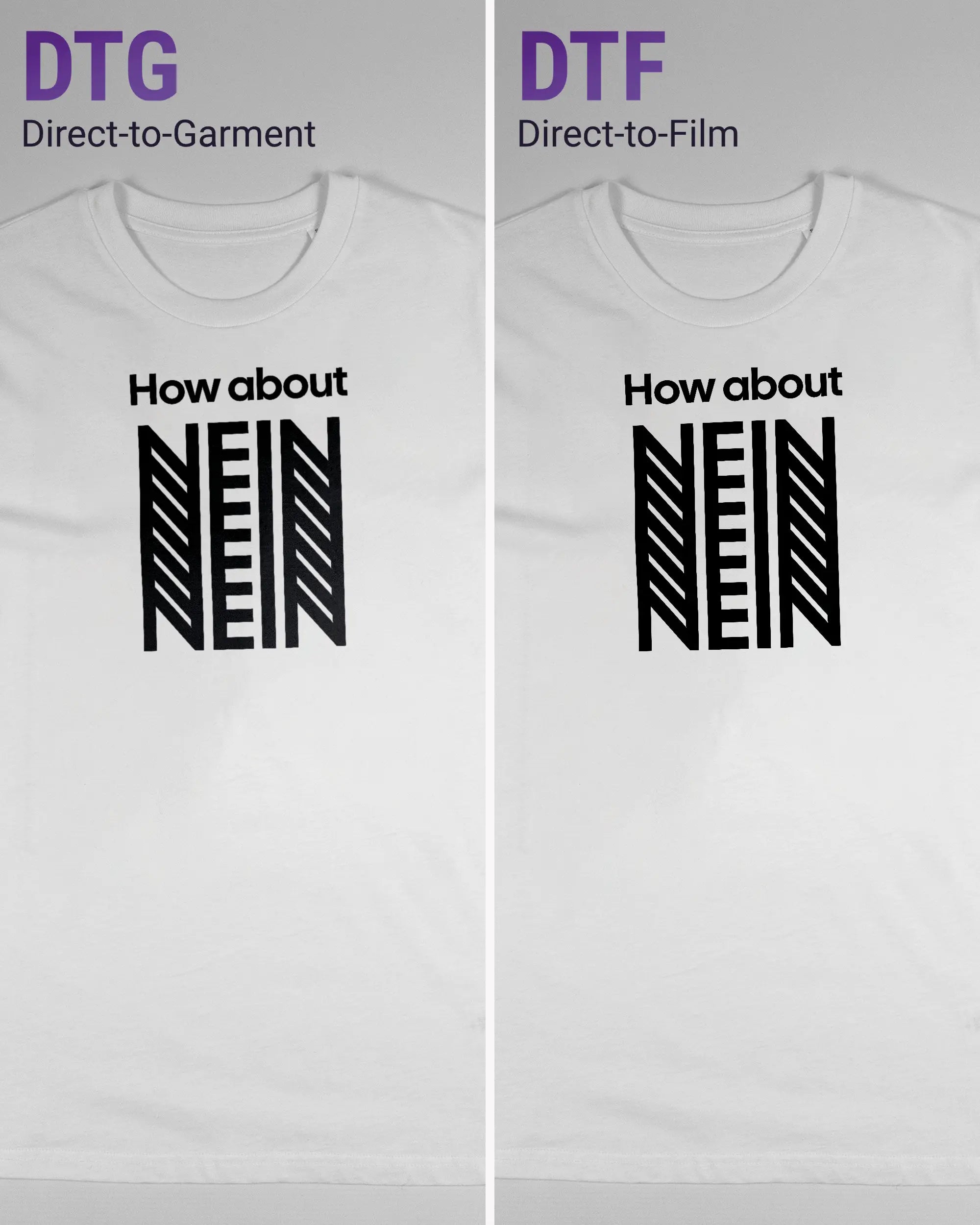 Vergleich der Vorderseiten des Organic Unisex T-Shirt Casual von Maondo mit dem Design How about nein in der Farbe White und in der Größe S links mit dem Direct-to-Garment und rechts mit dem Direct-to-Film Verfahren