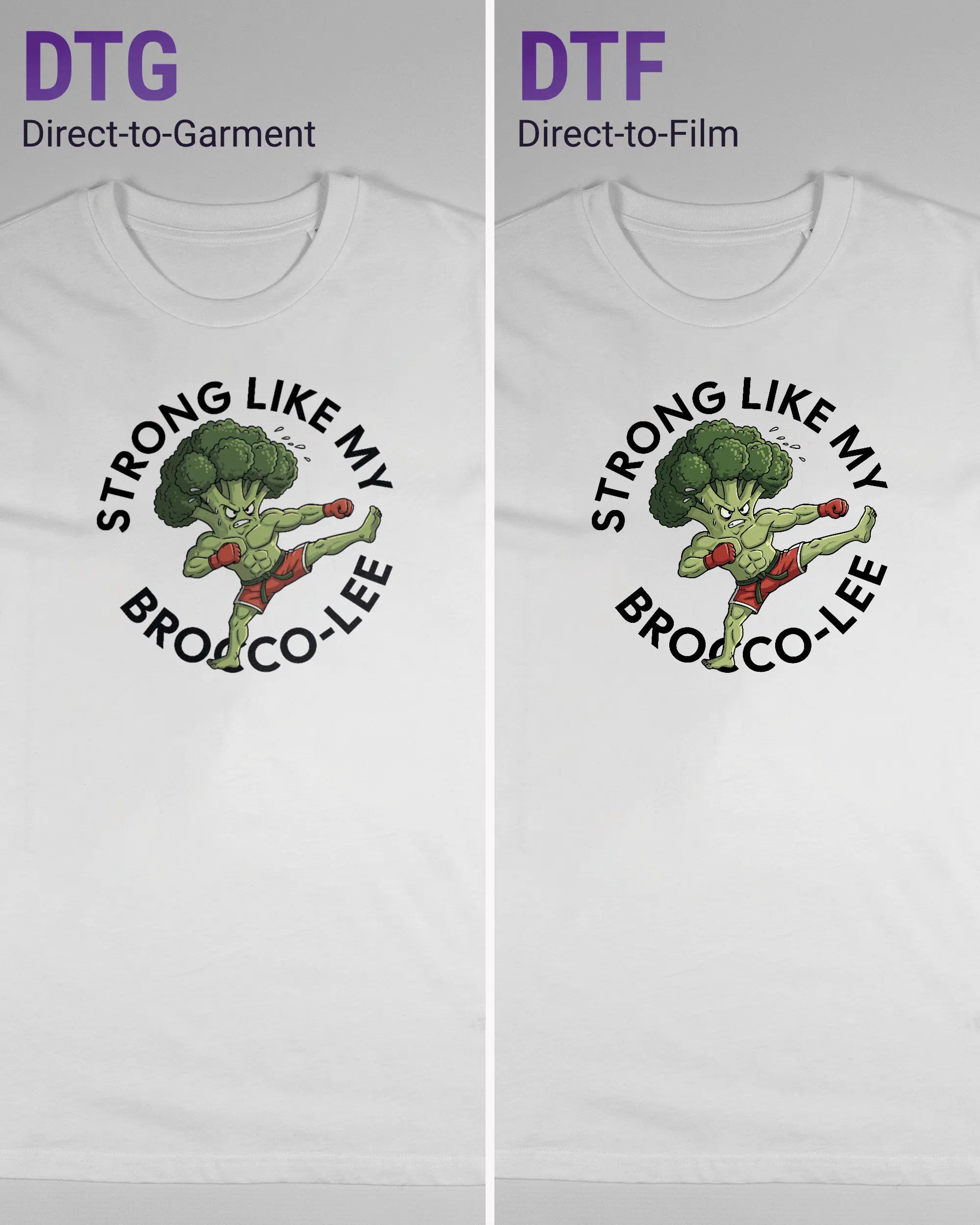 Vergleich der Vorderseiten des Organic Unisex T-Shirt Casual von Maondo mit dem Design Brocco-Lee in der Farbe White und in der Größe S links mit dem Direct-to-Garment und rechts mit dem Direct-to-Film Verfahren