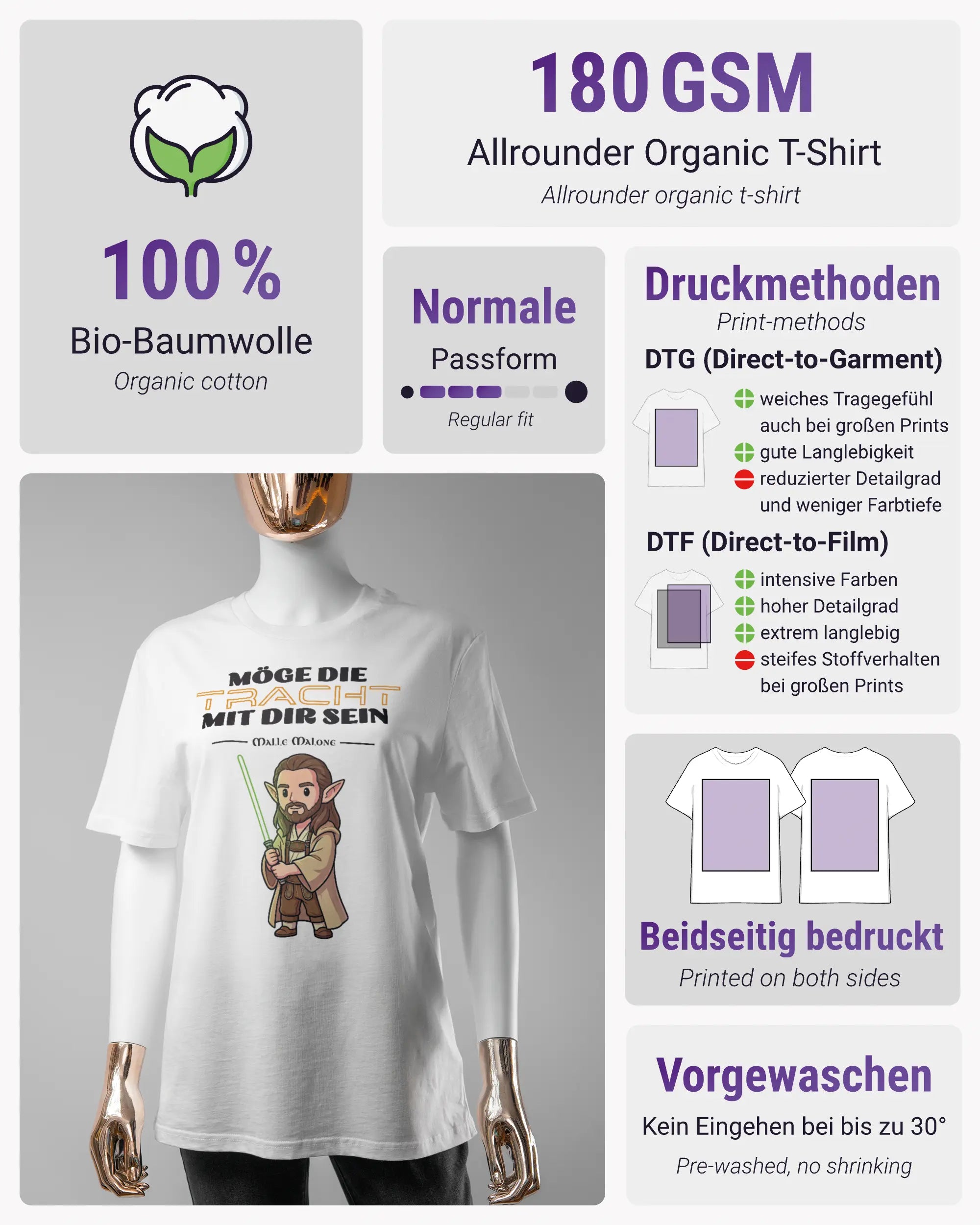 Produktinformationsblatt des Organic Unisex T-Shirt Casual von Maondo mit dem Design Tracht mit dir vorne in der Farbe White und in der Größe S