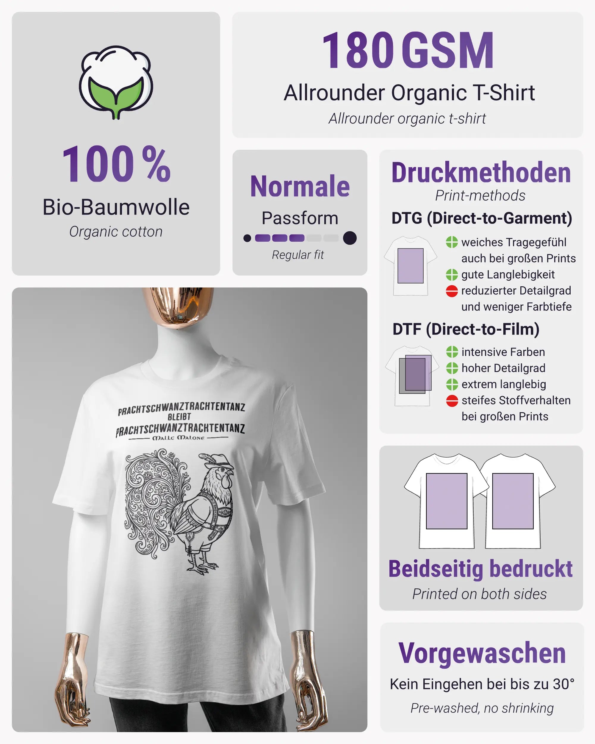 Produktinformationsblatt des Organic Unisex T-Shirt Casual von Maondo mit dem Design Trachtentanz vorne in der Farbe White und in der Größe S