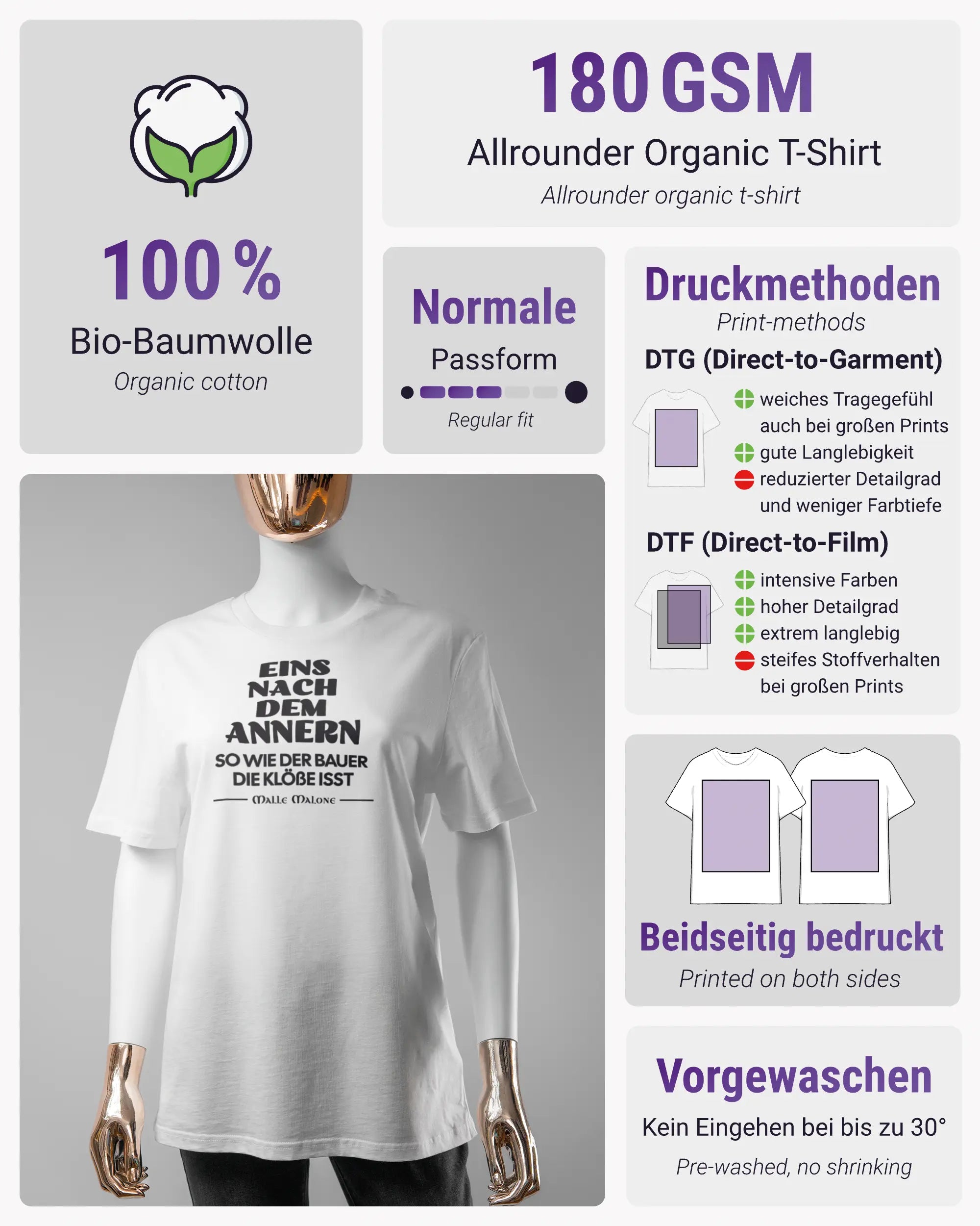Produktinformationsblatt des Organic Unisex T-Shirt Casual von Maondo mit dem Design Eins nach dem Annern vorne in der Farbe White und in der Größe S
